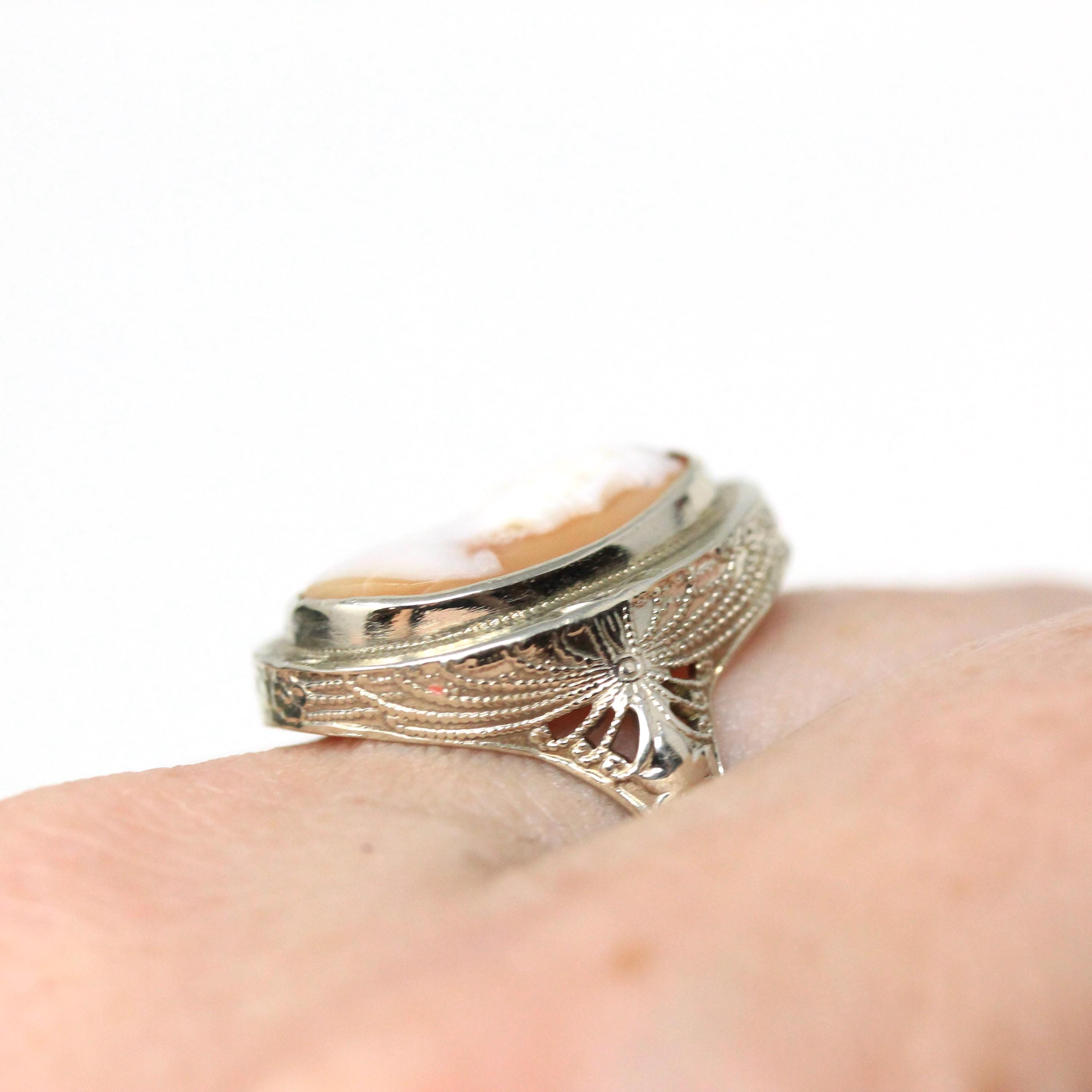 Vintage Cameo Ring - Art Deco 14k White Gold Carved Pink Shell Woman's Profile Ring - Circa 1930s Size 6 1/2 Floral Filigree Fine Jewelry