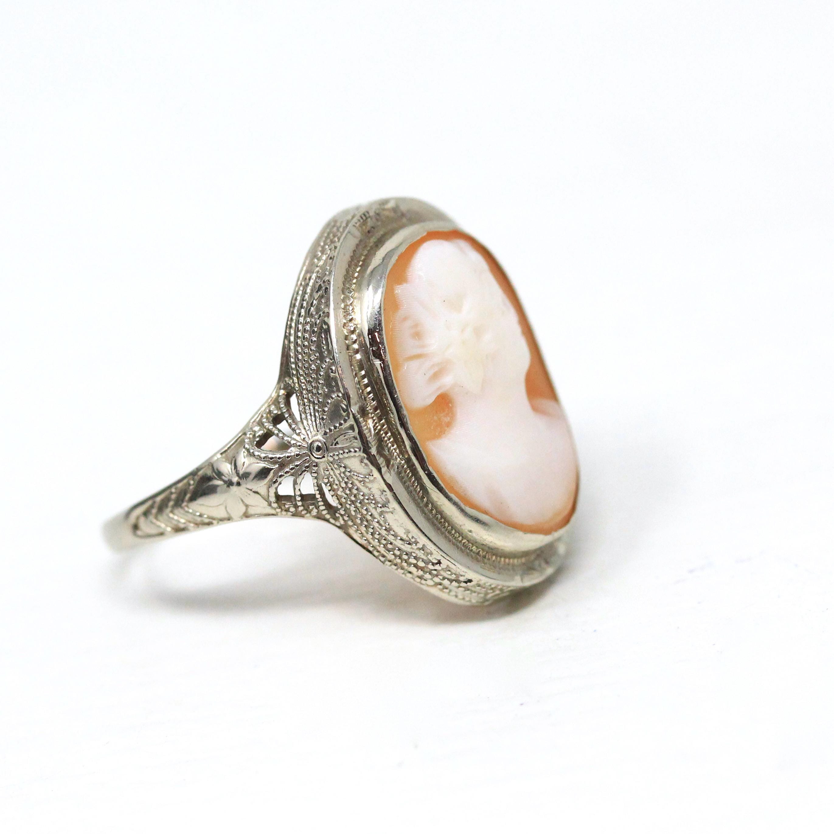 Vintage Cameo Ring - Art Deco 14k White Gold Carved Pink Shell Woman's Profile Ring - Circa 1930s Size 6 1/2 Floral Filigree Fine Jewelry
