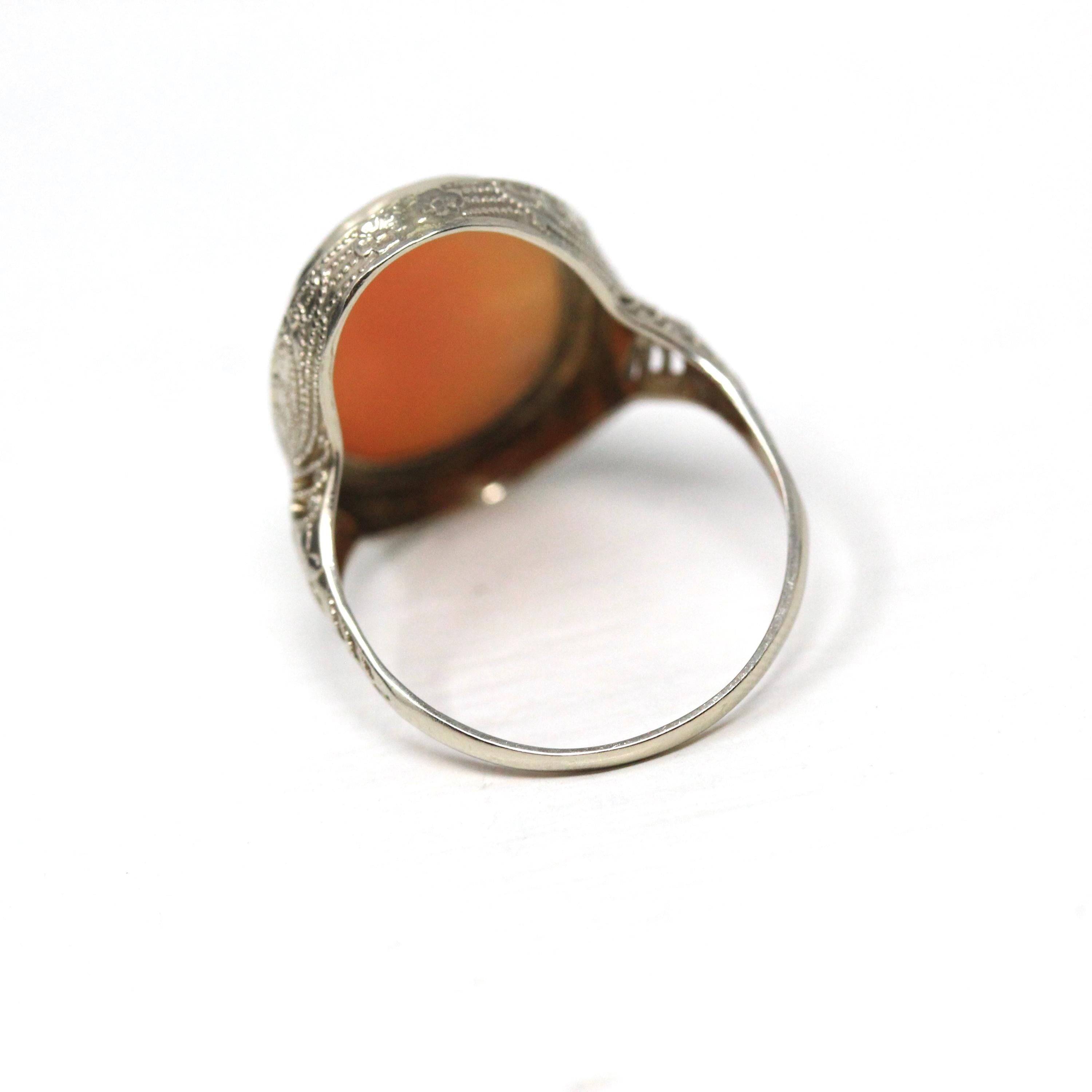 Vintage Cameo Ring - Art Deco 14k White Gold Carved Pink Shell Woman's Profile Ring - Circa 1930s Size 6 1/2 Floral Filigree Fine Jewelry