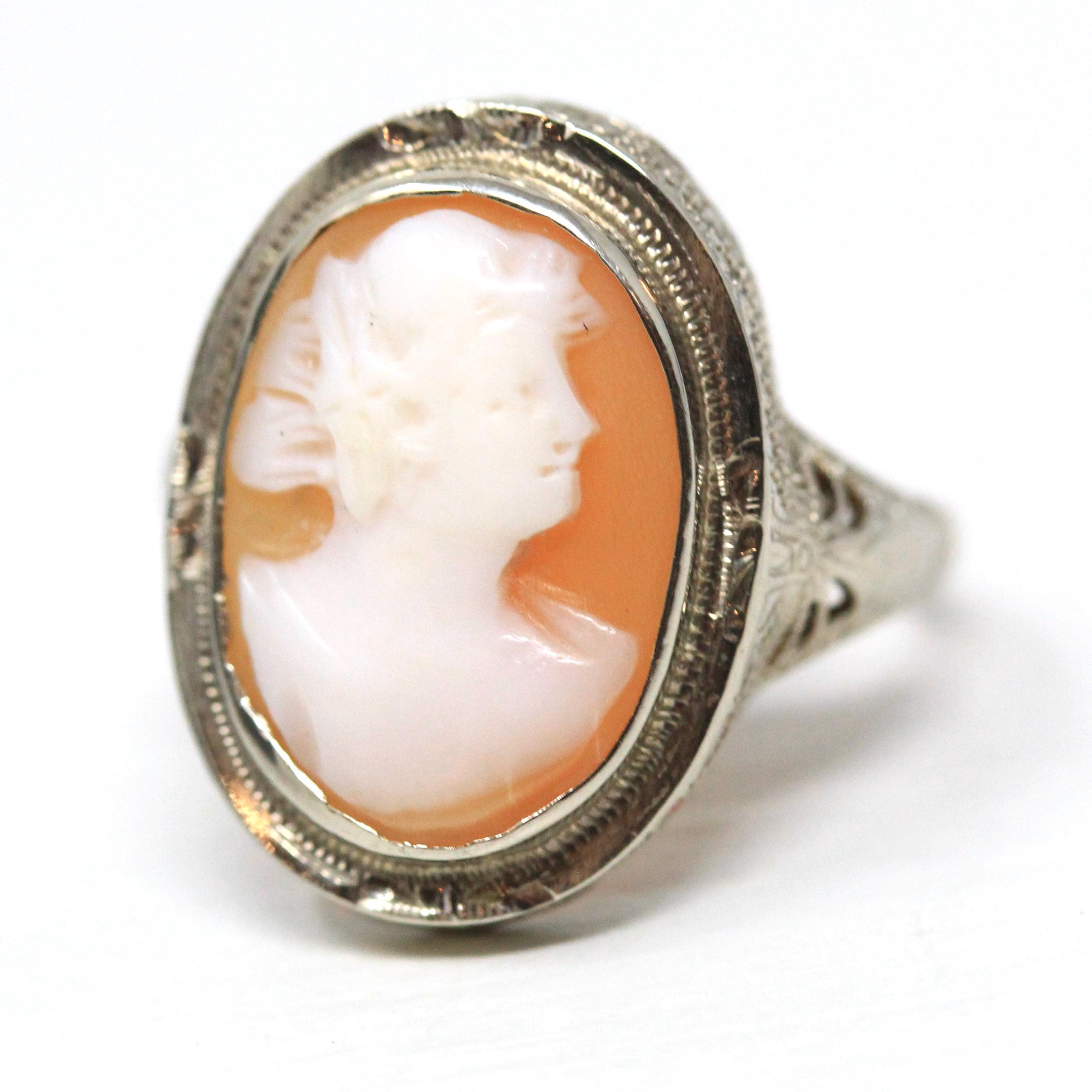 Vintage Cameo Ring - Art Deco 14k White Gold Carved Pink Shell Woman's Profile Ring - Circa 1930s Size 6 1/2 Floral Filigree Fine Jewelry