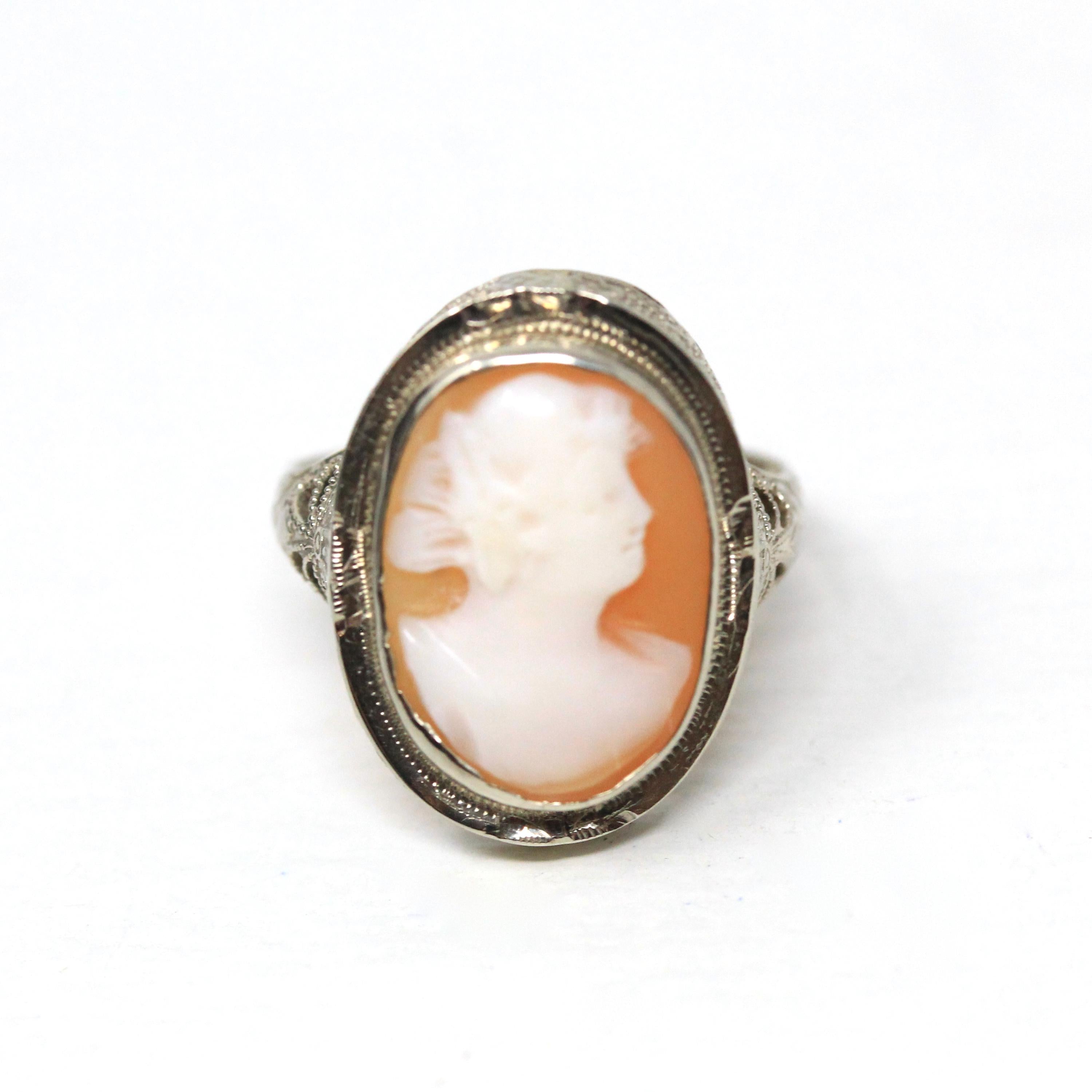 Vintage Cameo Ring - Art Deco 14k White Gold Carved Pink Shell Woman's Profile Ring - Circa 1930s Size 6 1/2 Floral Filigree Fine Jewelry