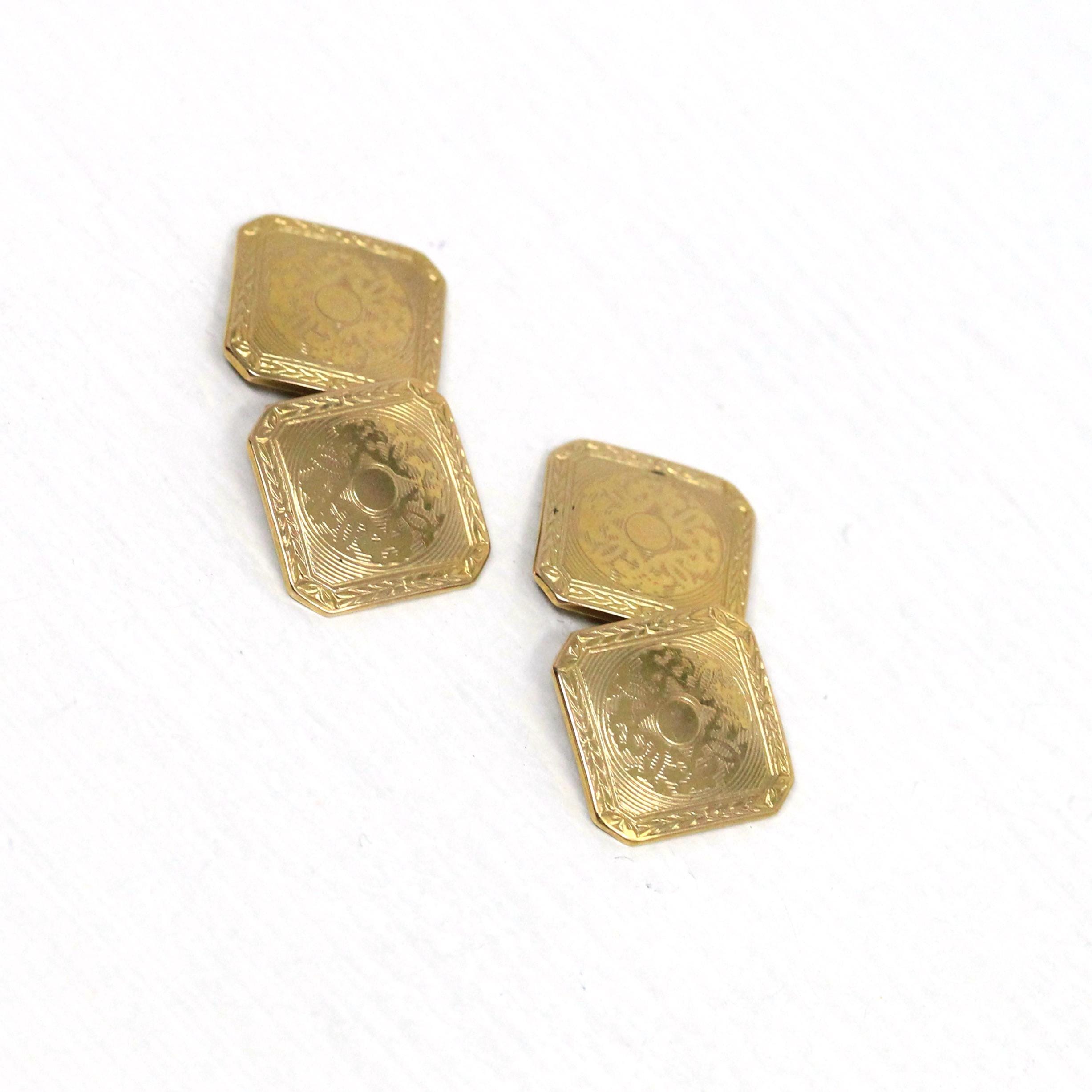 Art Deco Cufflinks - Vintage 10k Yellow Gold Engine Turned Design Cuff Links - Circa 1930s Era Wedding Fashion Accessory Fine 30s Jewelry