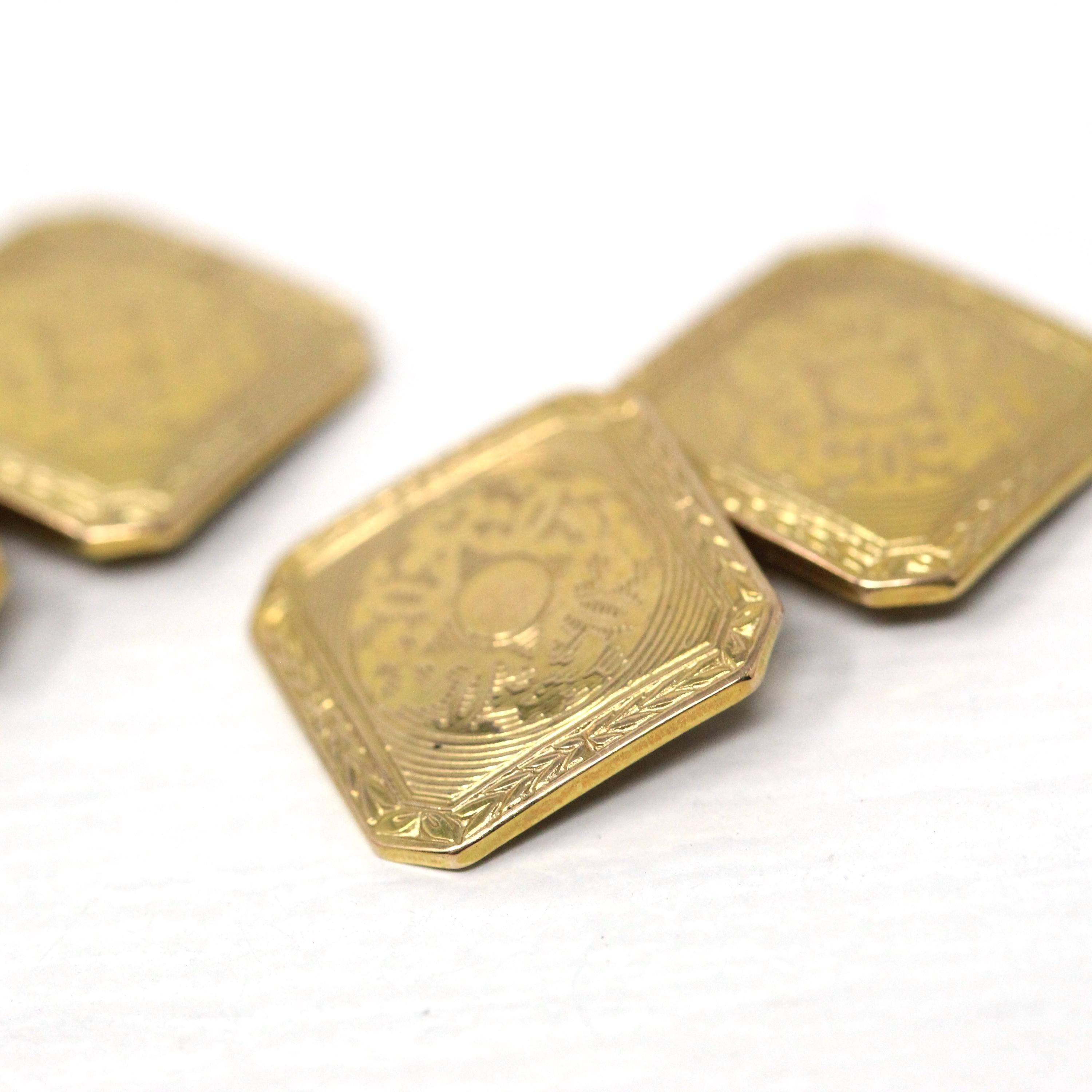 Art Deco Cufflinks - Vintage 10k Yellow Gold Engine Turned Design Cuff Links - Circa 1930s Era Wedding Fashion Accessory Fine 30s Jewelry