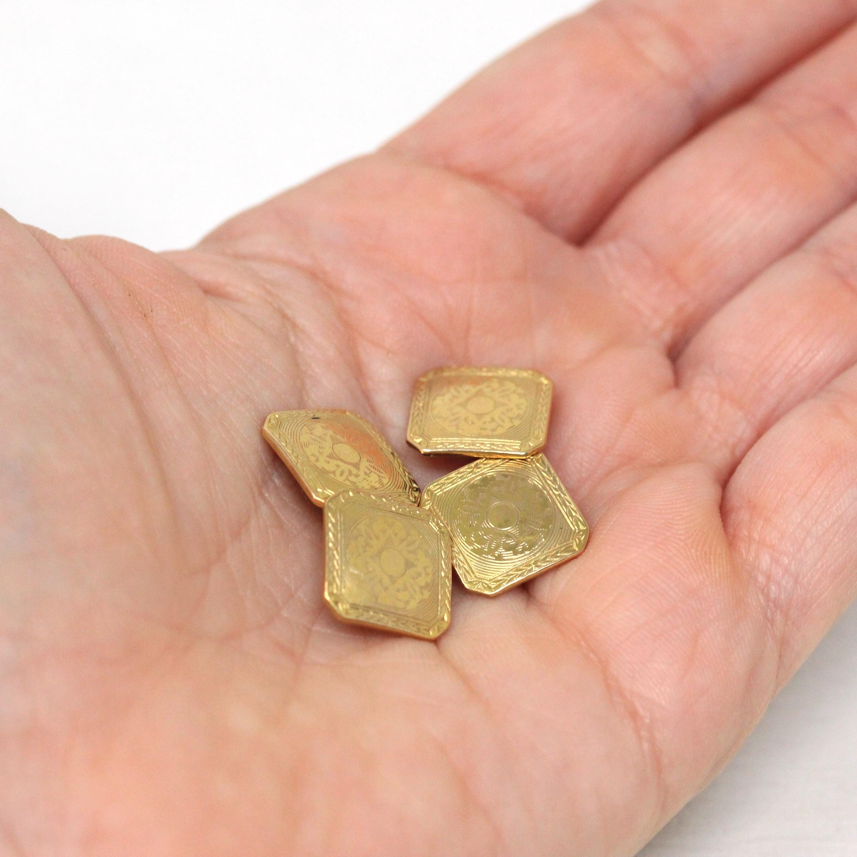 Art Deco Cufflinks - Vintage 10k Yellow Gold Engine Turned Design Cuff Links - Circa 1930s Era Wedding Fashion Accessory Fine 30s Jewelry