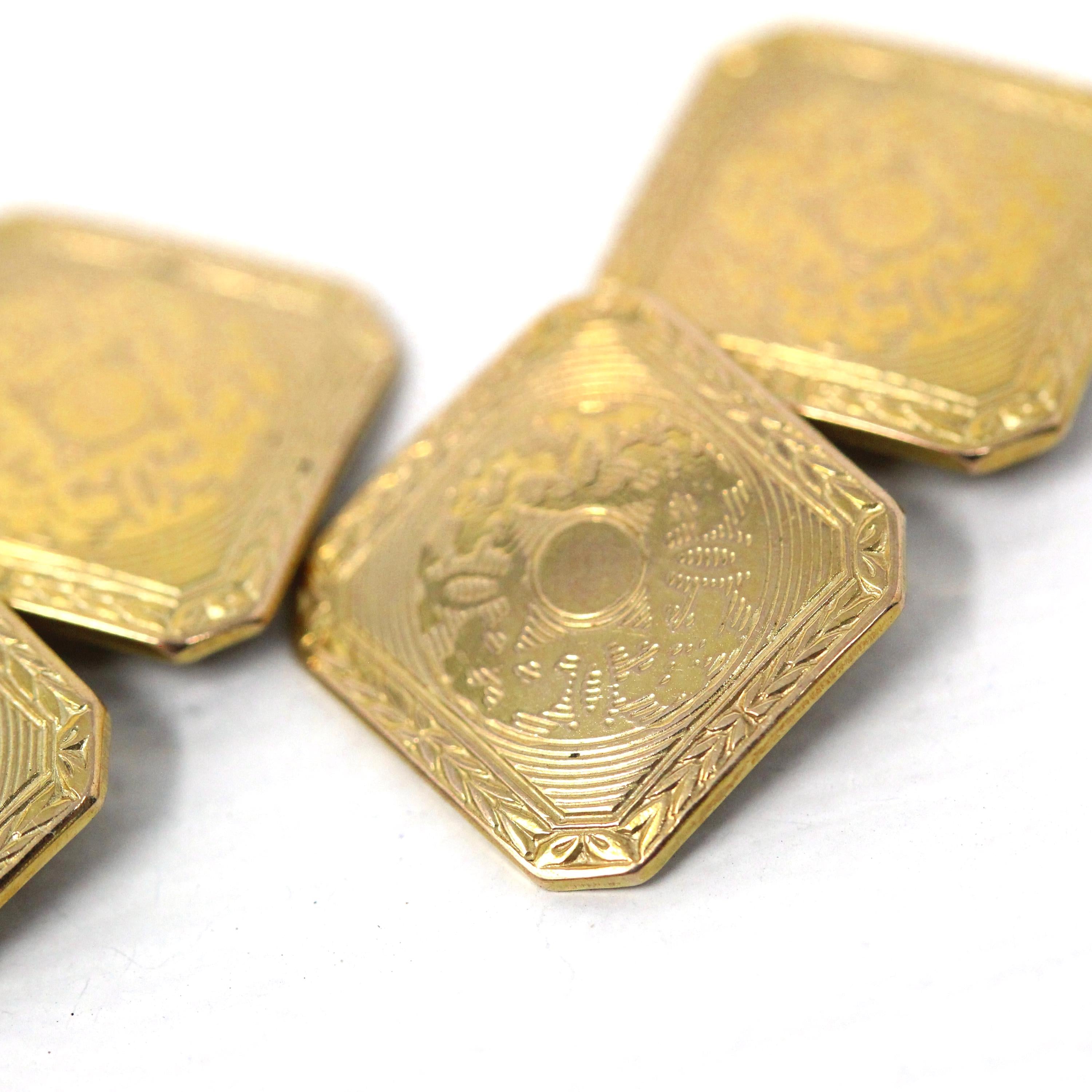 Art Deco Cufflinks - Vintage 10k Yellow Gold Engine Turned Design Cuff Links - Circa 1930s Era Wedding Fashion Accessory Fine 30s Jewelry