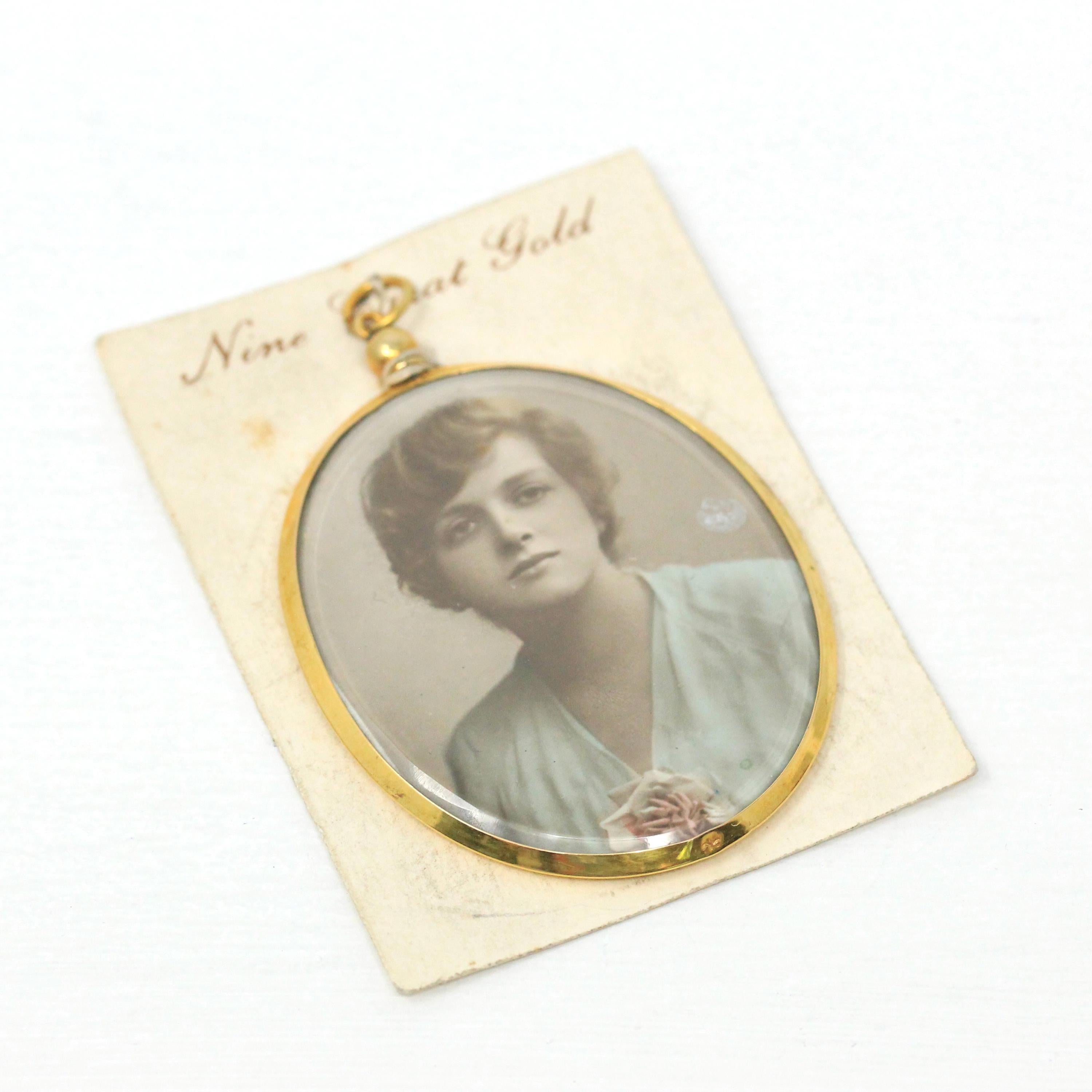 Antique Locket Fob - Edwardian Era 9K Yellow Gold Oval Glass Pendant Necklace - Vintage Memory Photo Portrait Keepsake Charm Fine Jewelry