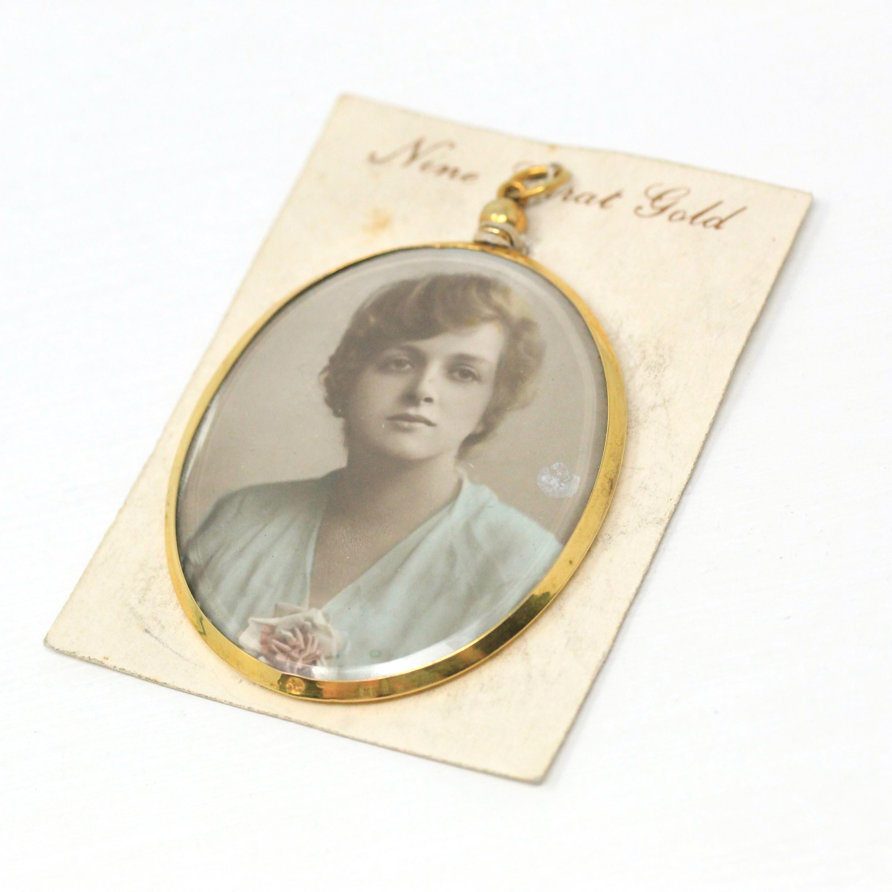 Antique Locket Fob - Edwardian Era 9K Yellow Gold Oval Glass Pendant Necklace - Vintage Memory Photo Portrait Keepsake Charm Fine Jewelry