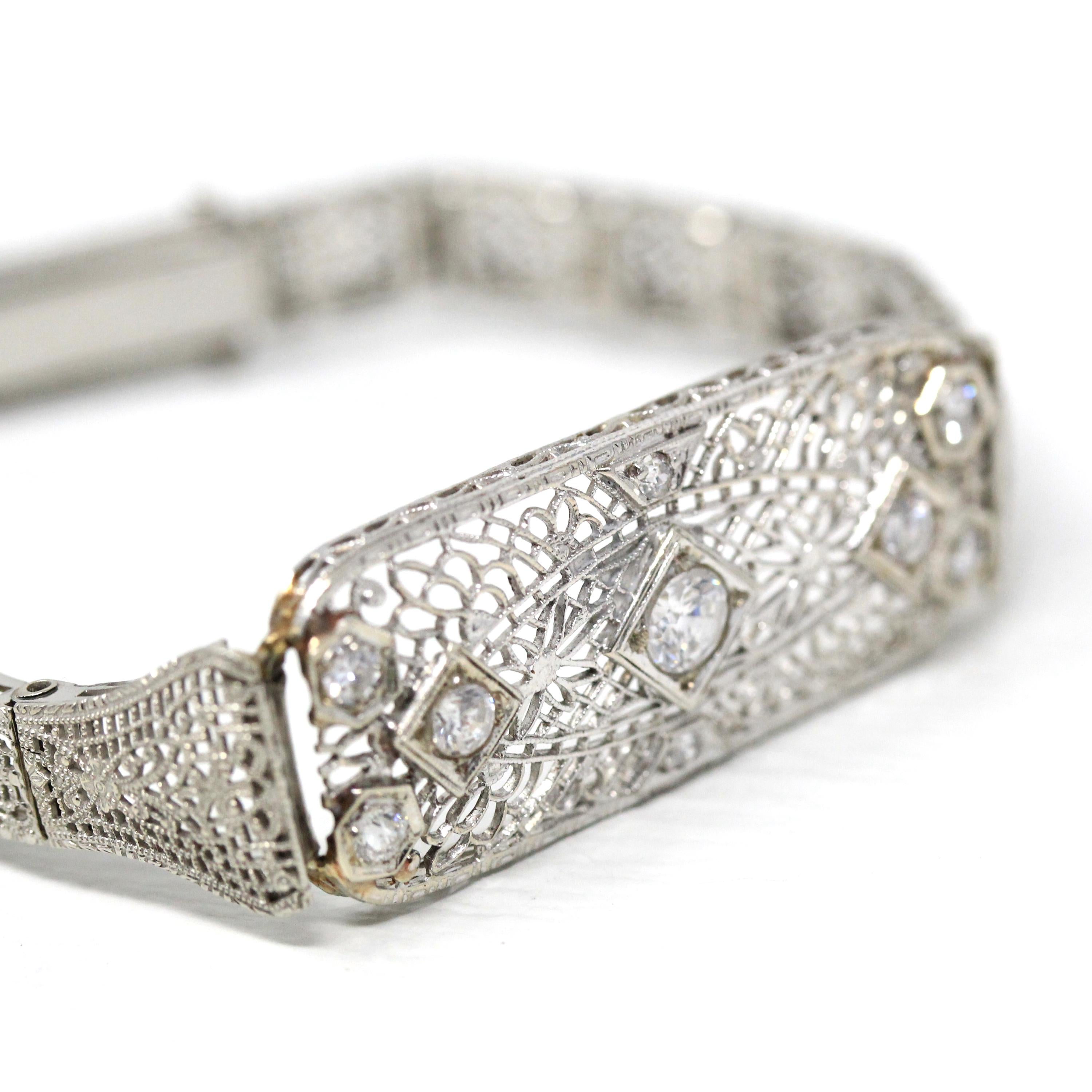 Art Deco Bracelet - Vintage 10k White Gold Filigree Diamond & Cubic Zirconia - Circa 1930s Era Wedding Floral Filigree Panels Fine Jewelry