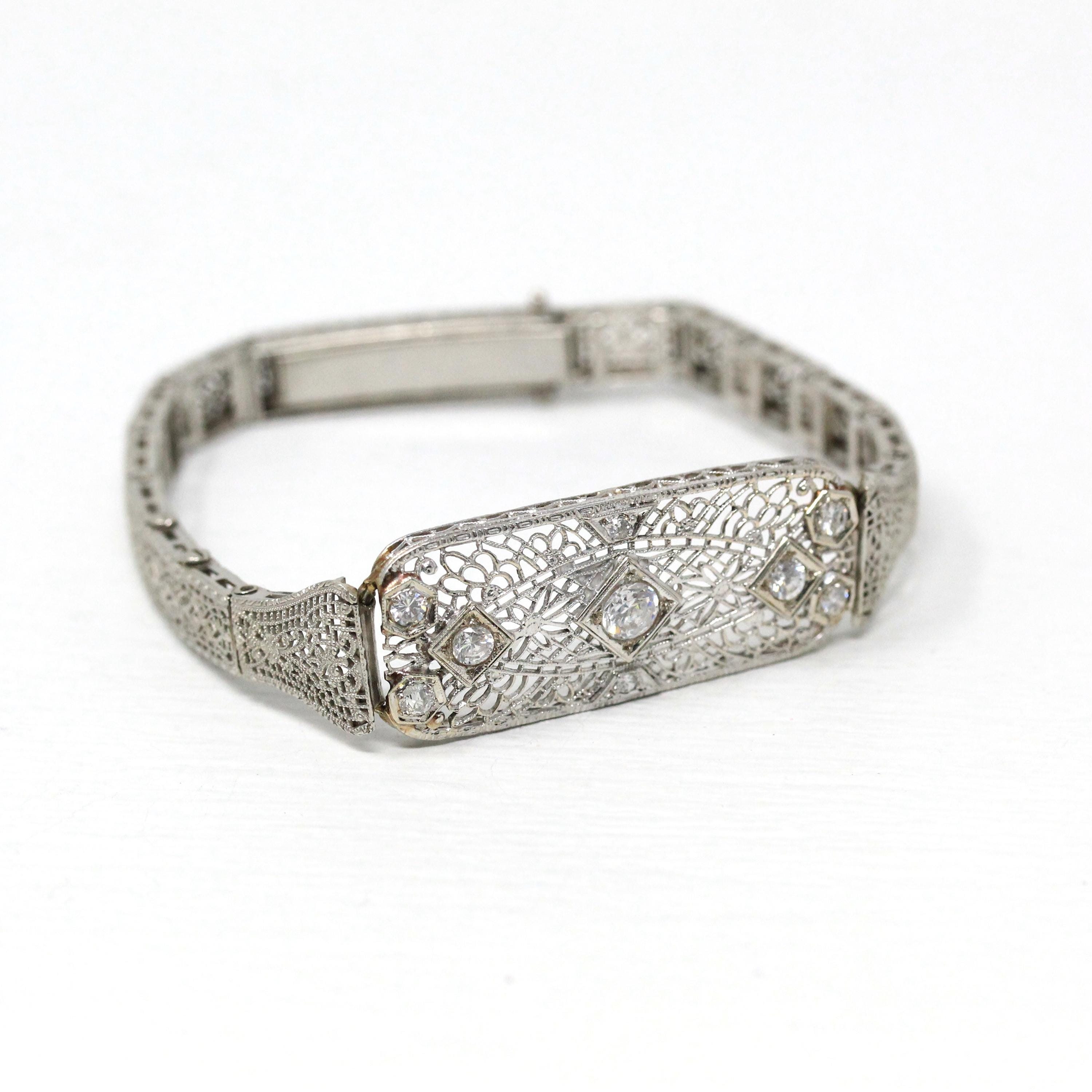 Art Deco Bracelet - Vintage 10k White Gold Filigree Diamond & Cubic Zirconia - Circa 1930s Era Wedding Floral Filigree Panels Fine Jewelry