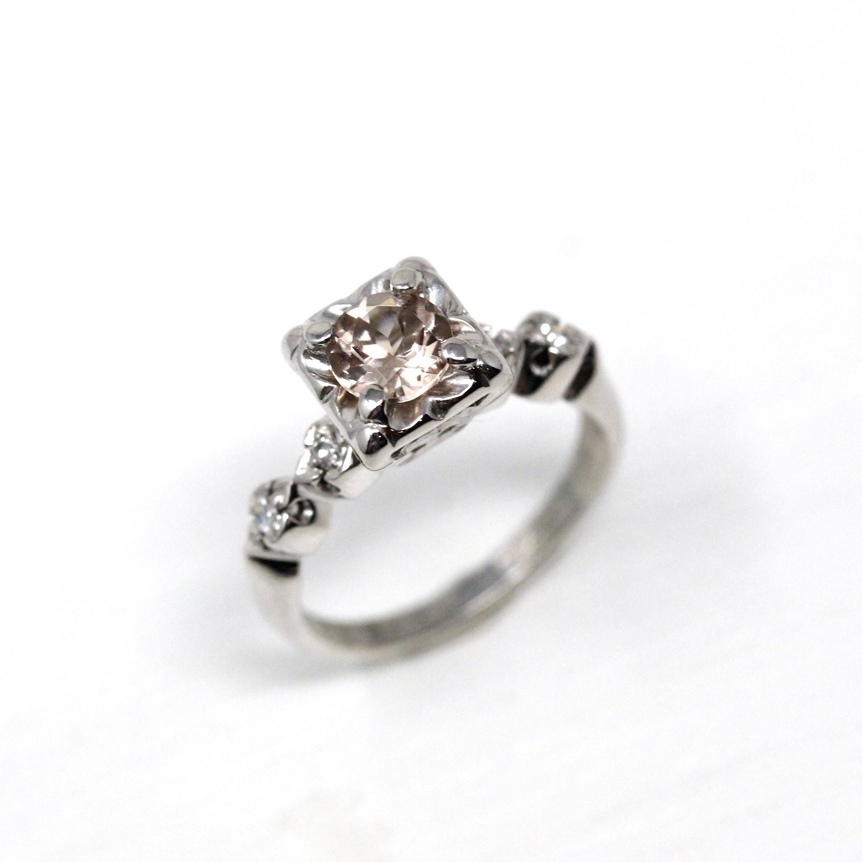 Morganite Engagement Ring - Dated 1956 14k White Gold .62 CT Round Gem Diamonds - Size 5.75 Mid Century Retro Fine Inscribed Bridal Jewelry