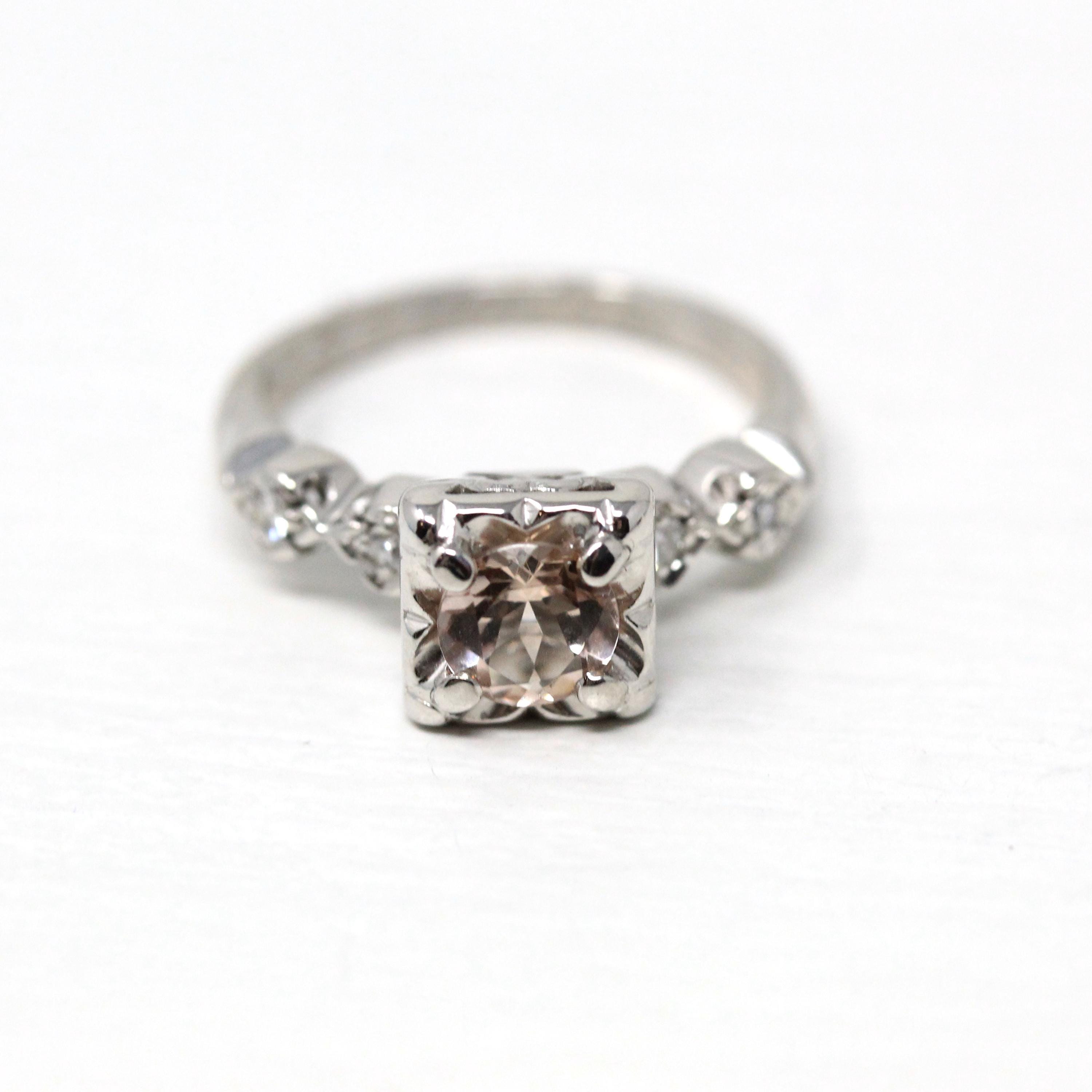 Morganite Engagement Ring - Dated 1956 14k White Gold .62 CT Round Gem Diamonds - Size 5.75 Mid Century Retro Fine Inscribed Bridal Jewelry