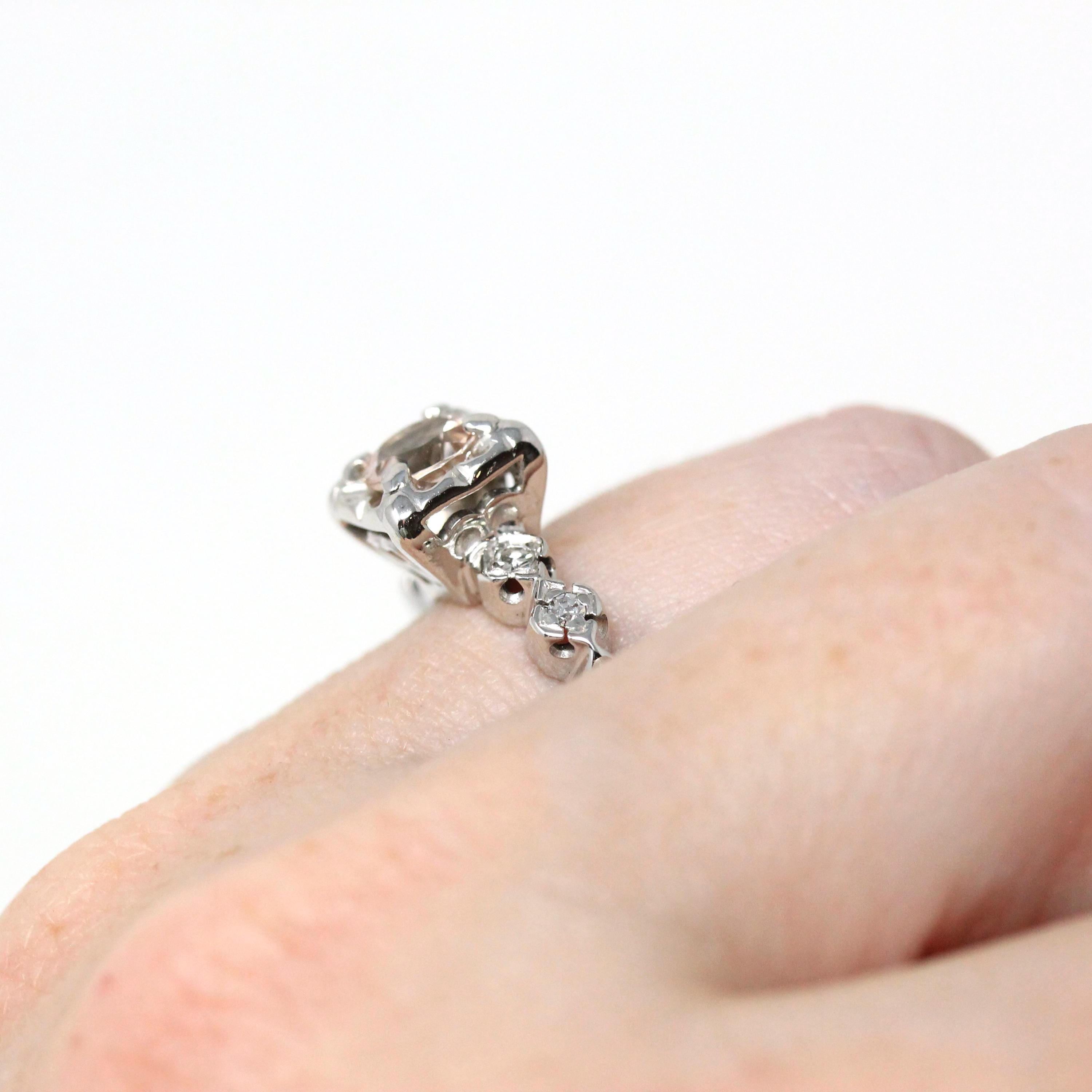 Morganite Engagement Ring - Dated 1956 14k White Gold .62 CT Round Gem Diamonds - Size 5.75 Mid Century Retro Fine Inscribed Bridal Jewelry