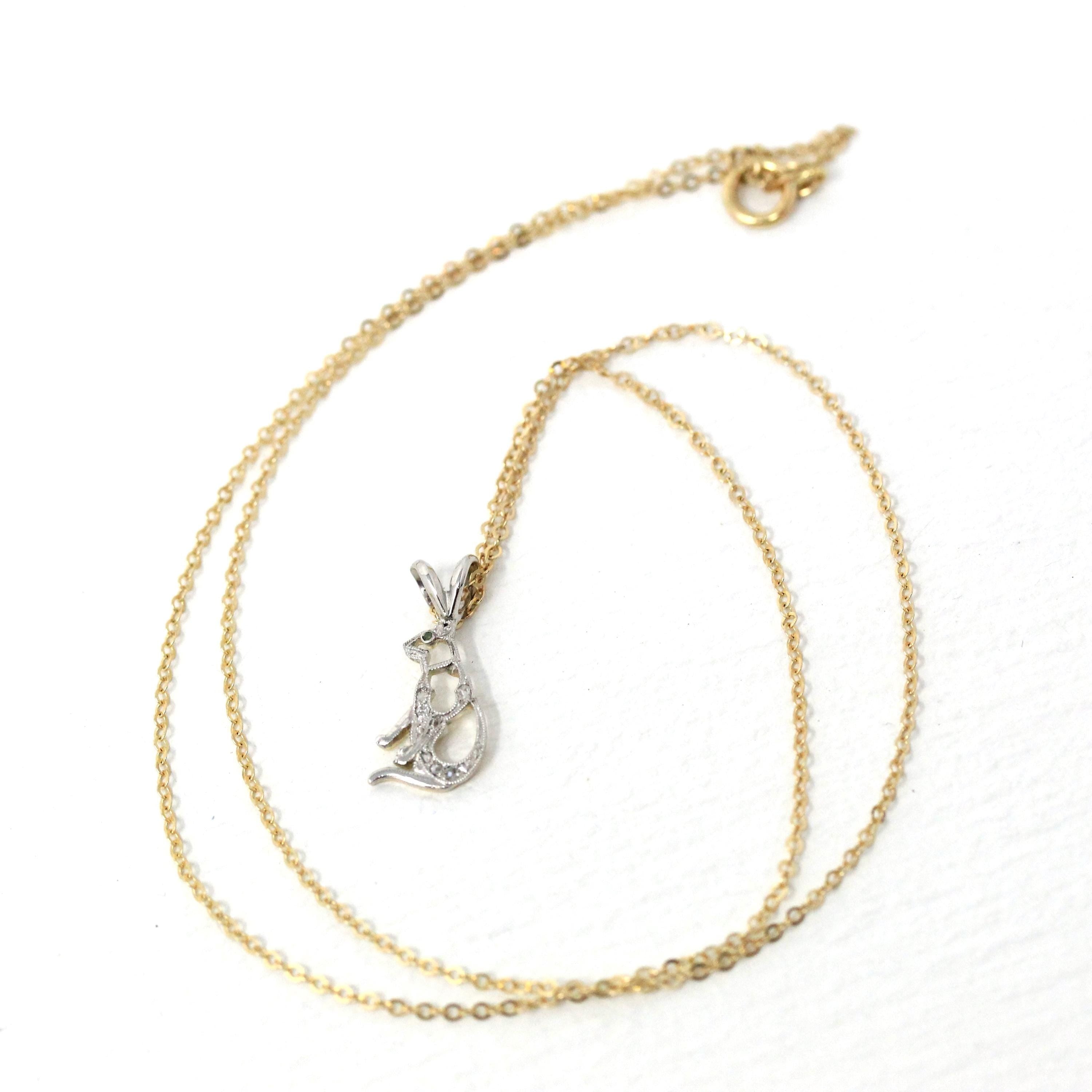 Antique Cat Charm - Art Deco Era Platinum and 14k Yellow Gold Figural Feline Pendant - Circa 1920's Kitty Diamond Converted Fine 20s Jewelry