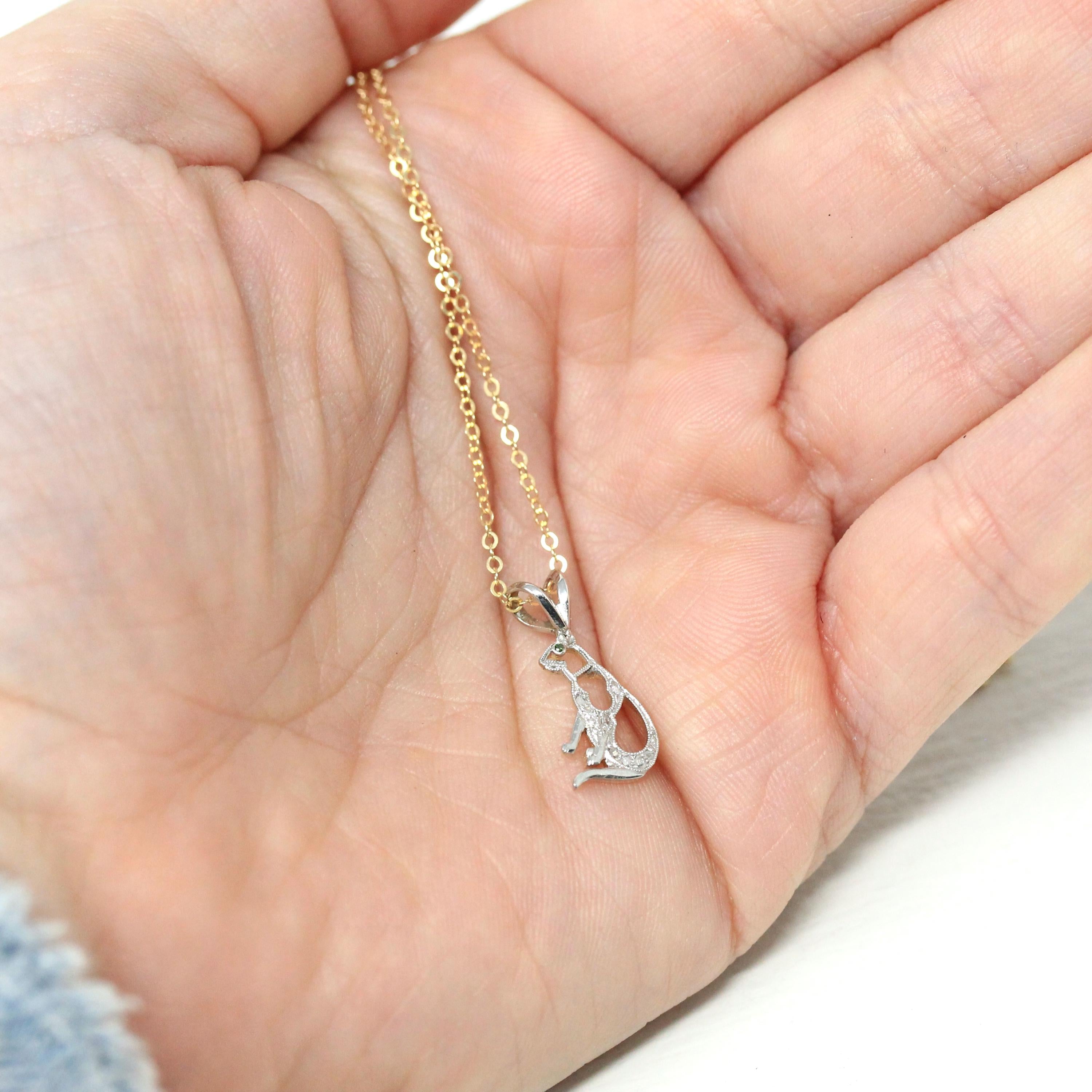 Antique Cat Charm - Art Deco Era Platinum and 14k Yellow Gold Figural Feline Pendant - Circa 1920's Kitty Diamond Converted Fine 20s Jewelry