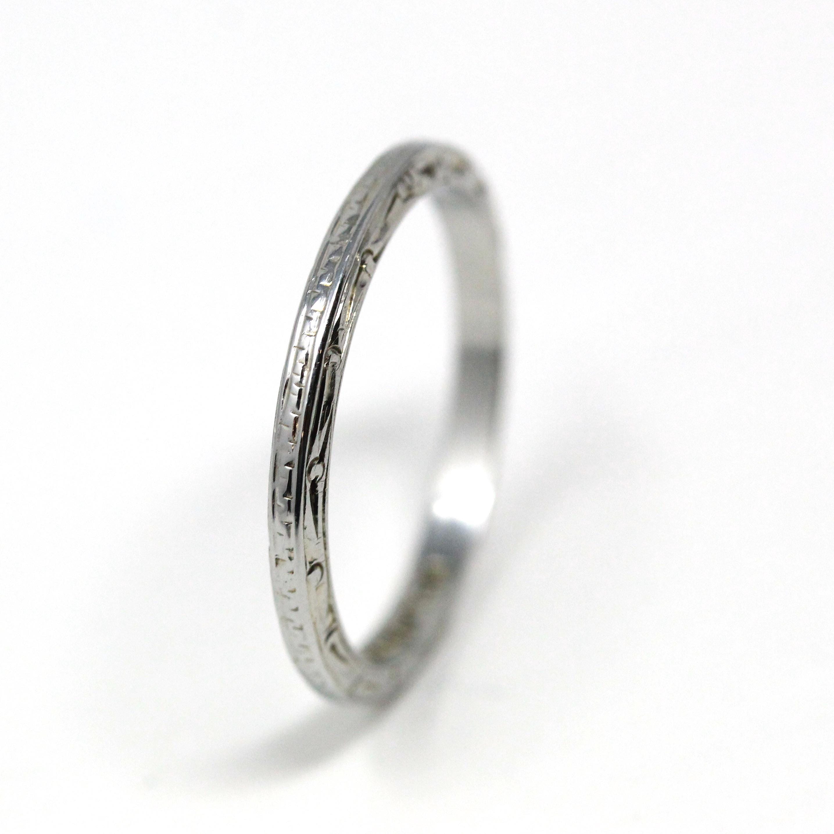 Antique Wedding Band - Art Deco Era 18k White Gold Eternity Design Ring - Vintage Circa 1920s Size 5 3/4 Stacking Bridal Fine 20s Jewelry