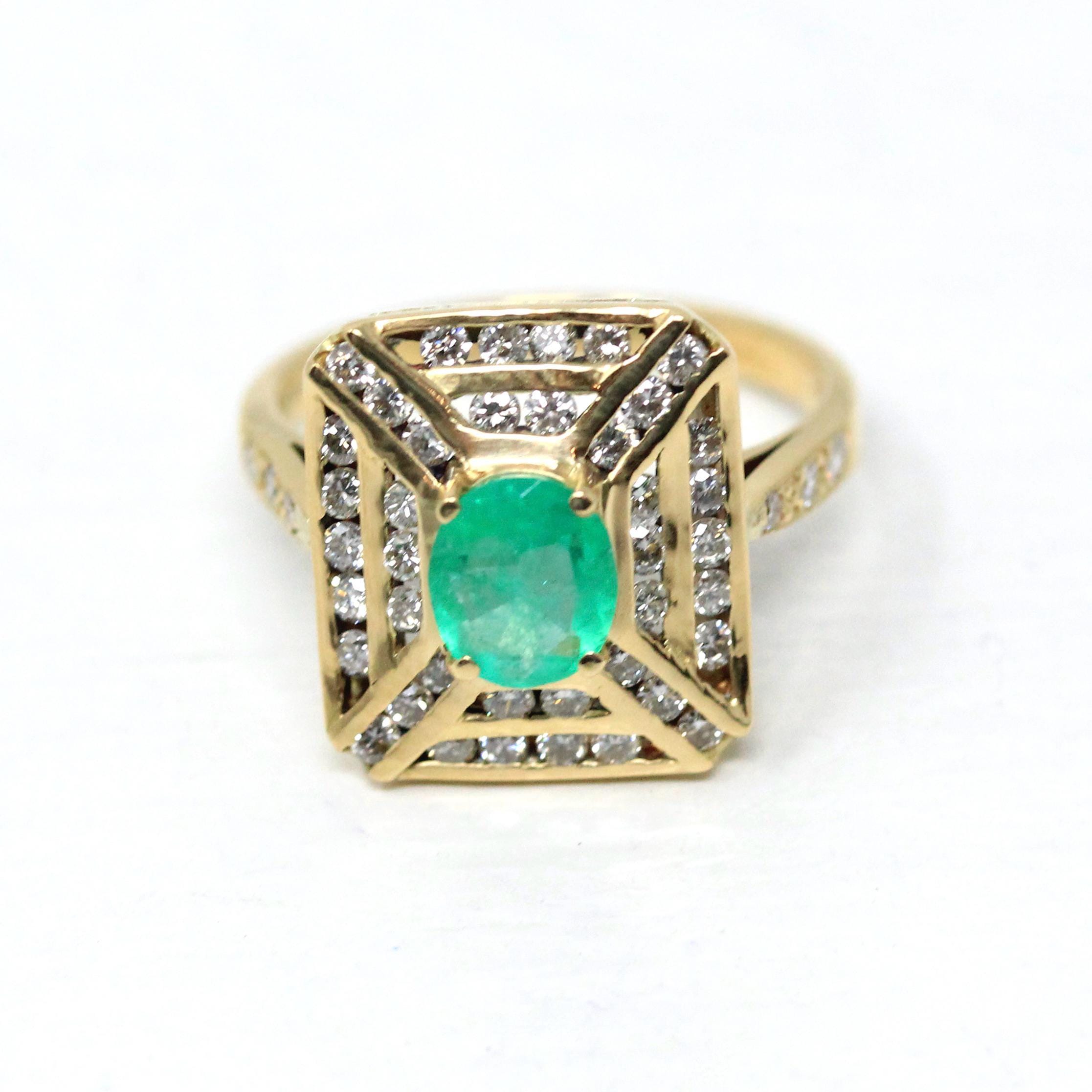 Emerald & Diamond Halo Ring - Estate 18k Yellow Gold Genuine Green Gemstone - Modern 2000's Era Size 5 1/2 May Birthstone Engagement Jewelry