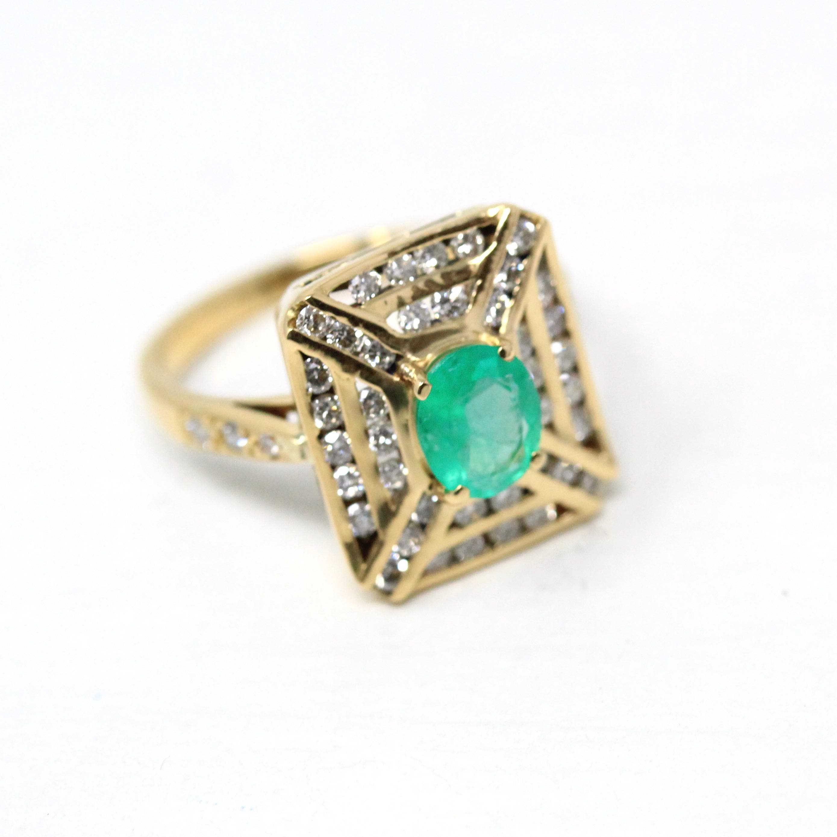 Emerald & Diamond Halo Ring - Estate 18k Yellow Gold Genuine Green Gemstone - Modern 2000's Era Size 5 1/2 May Birthstone Engagement Jewelry