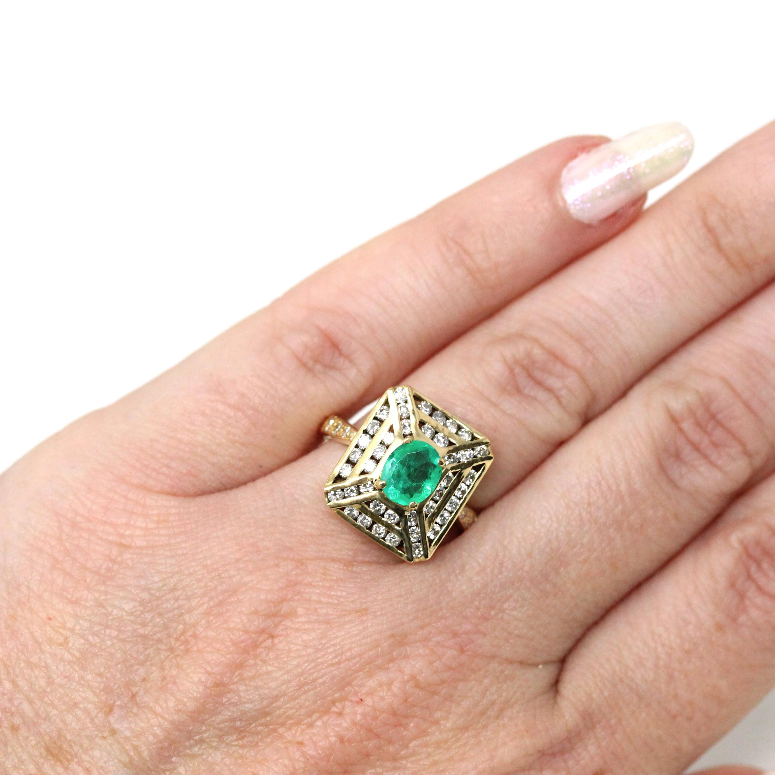 Emerald & Diamond Halo Ring - Estate 18k Yellow Gold Genuine Green Gemstone - Modern 2000's Era Size 5 1/2 May Birthstone Engagement Jewelry