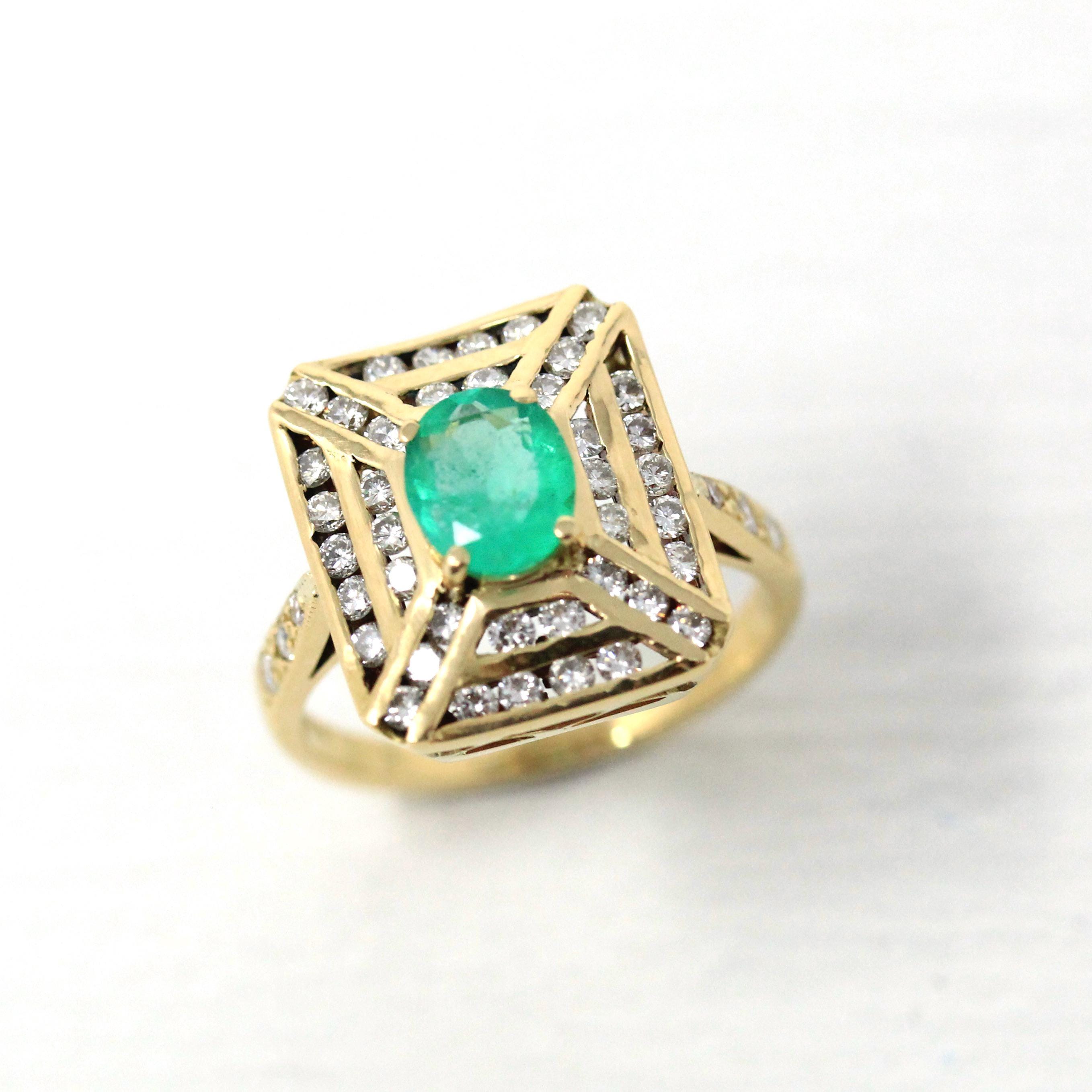 Emerald & Diamond Halo Ring - Estate 18k Yellow Gold Genuine Green Gemstone - Modern 2000's Era Size 5 1/2 May Birthstone Engagement Jewelry