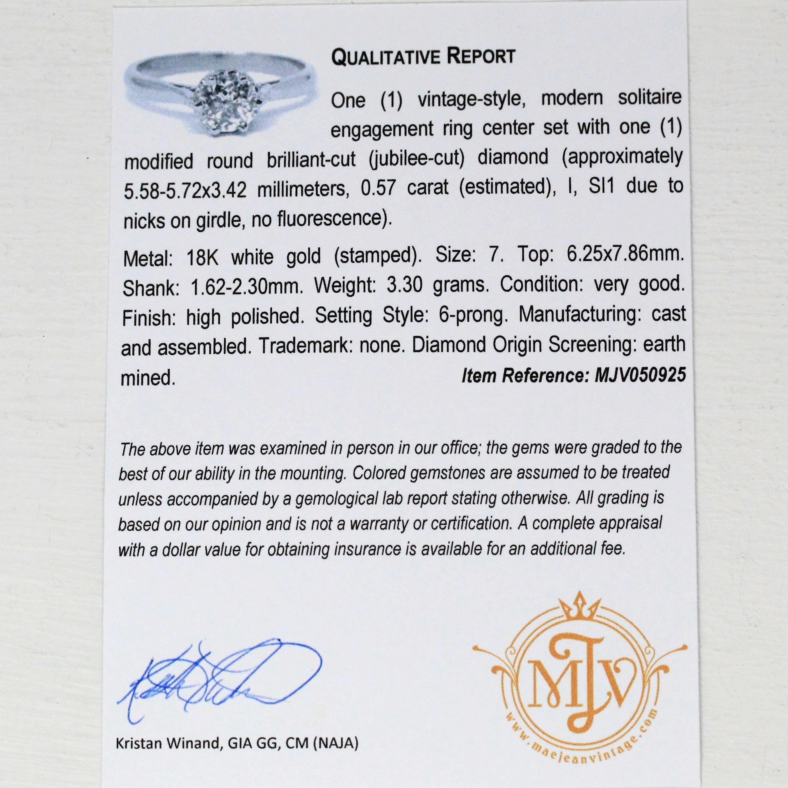 Jubilee Cut Diamond Ring - Modern 18k White Gold Genuine Gem Solitaire - Estate 2000s Era Size 7 Bridal Engagement Fine Jewelry with Report