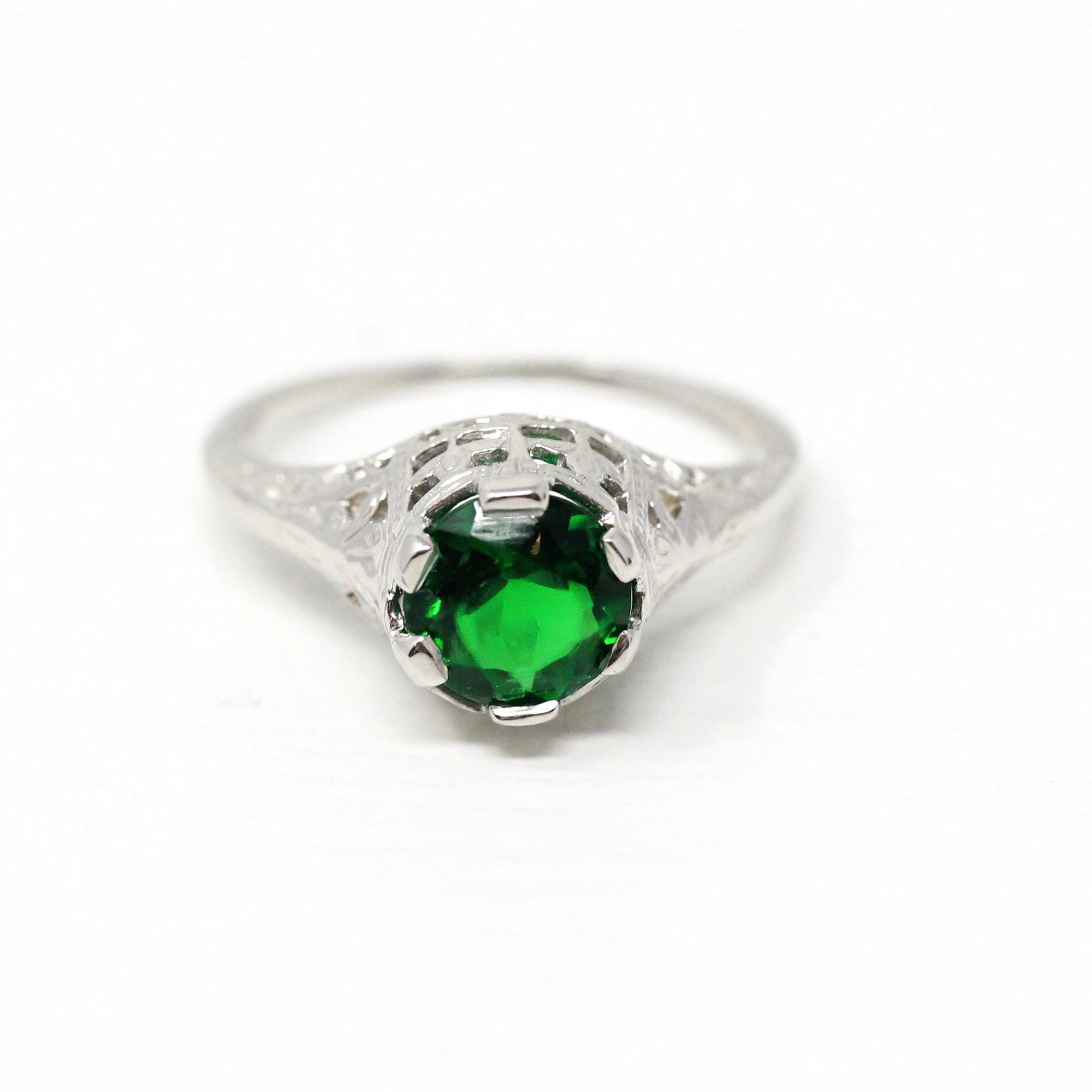 Simulated Emerald Ring - Vintage 1930s 14k White Gold Green Faceted Glass Gem Solitaire - Art Deco Sz 5 3/4 Fine Filigree Birthstone Jewelry
