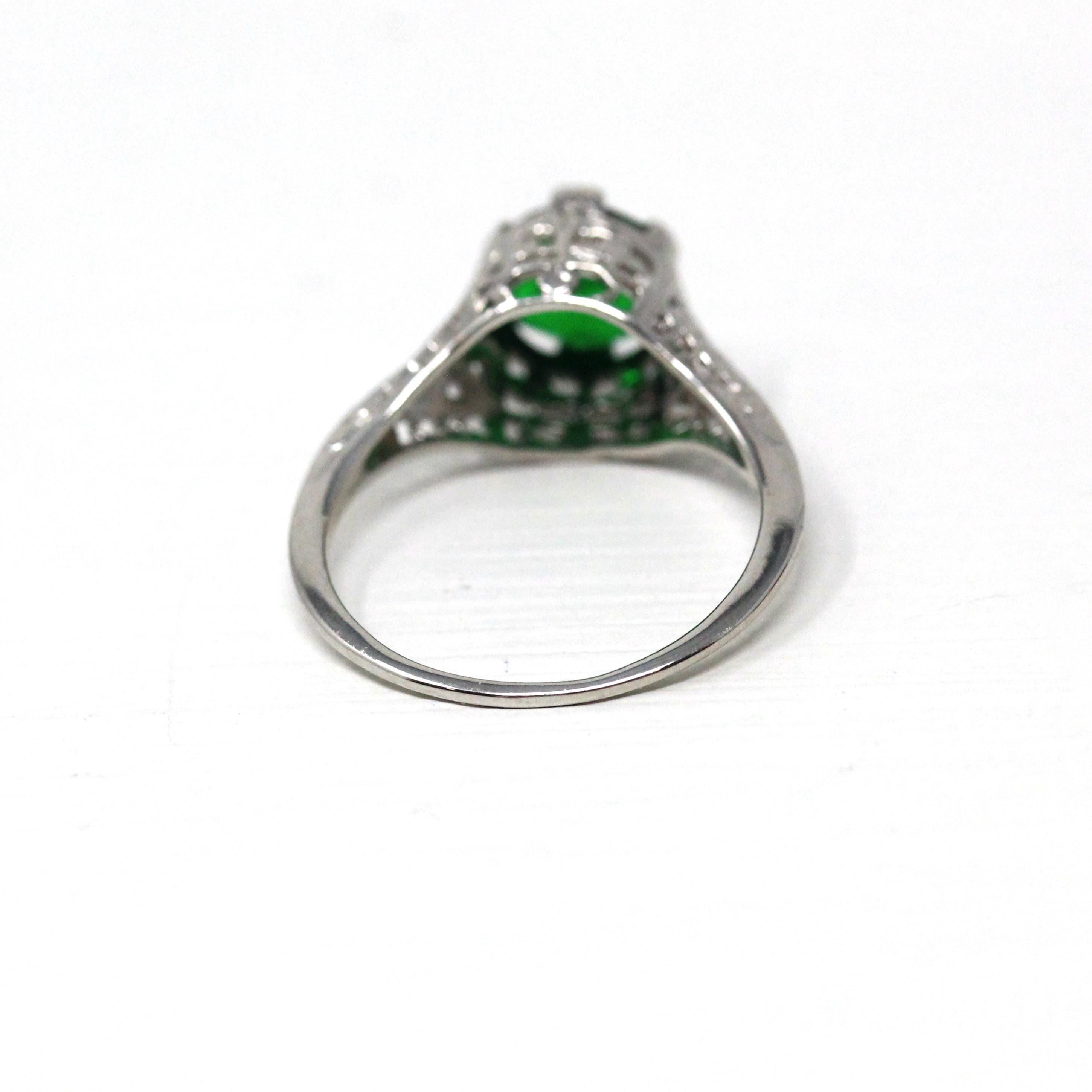 Simulated Emerald Ring - Vintage 1930s 14k White Gold Green Faceted Glass Gem Solitaire - Art Deco Sz 5 3/4 Fine Filigree Birthstone Jewelry