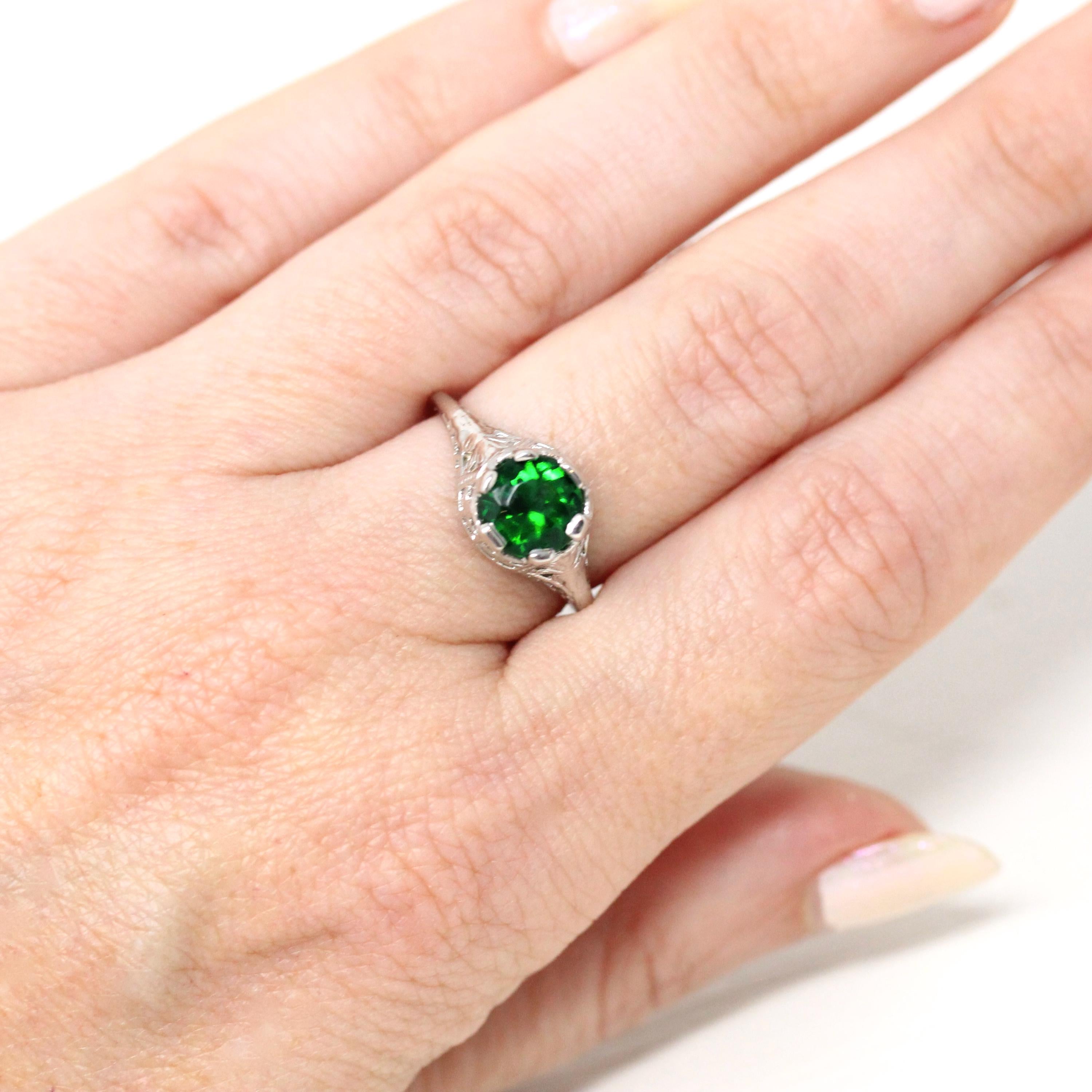 Simulated Emerald Ring - Vintage 1930s 14k White Gold Green Faceted Glass Gem Solitaire - Art Deco Sz 5 3/4 Fine Filigree Birthstone Jewelry