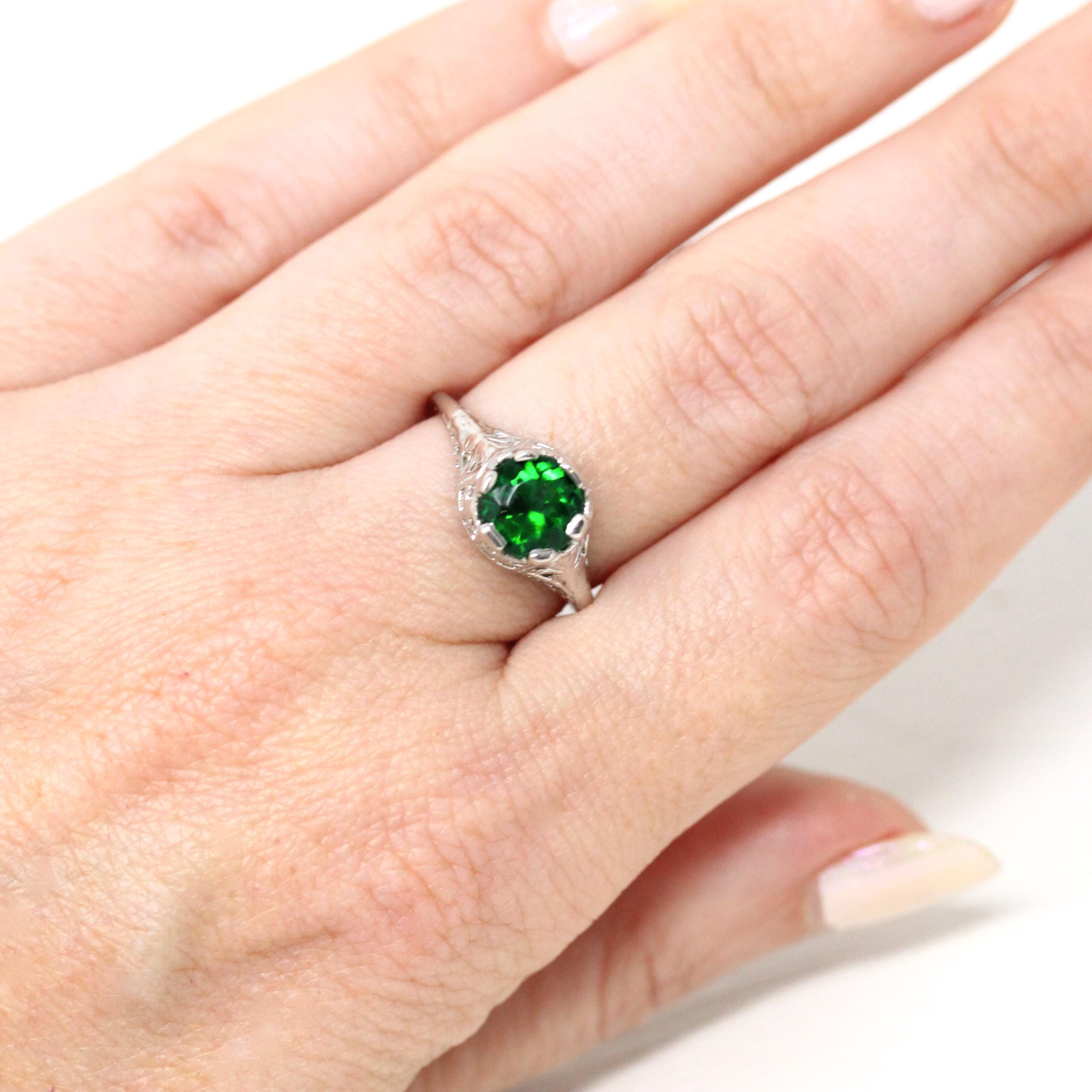 Simulated Emerald Ring - Vintage 1930s 14k White Gold Green Faceted Glass Gem Solitaire - Art Deco Sz 5 3/4 Fine Filigree Birthstone Jewelry