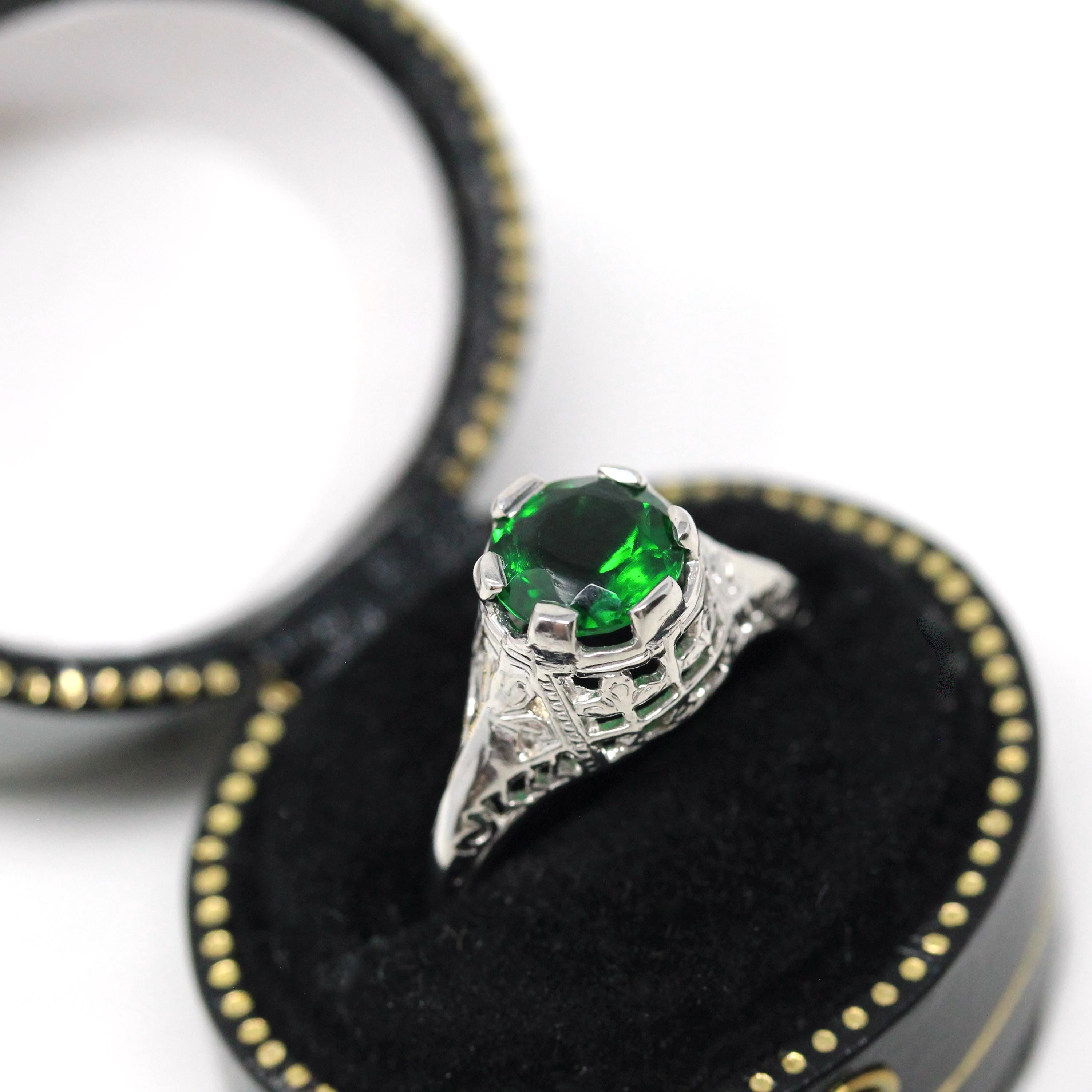 Simulated Emerald Ring - Vintage 1930s 14k White Gold Green Faceted Glass Gem Solitaire - Art Deco Sz 5 3/4 Fine Filigree Birthstone Jewelry