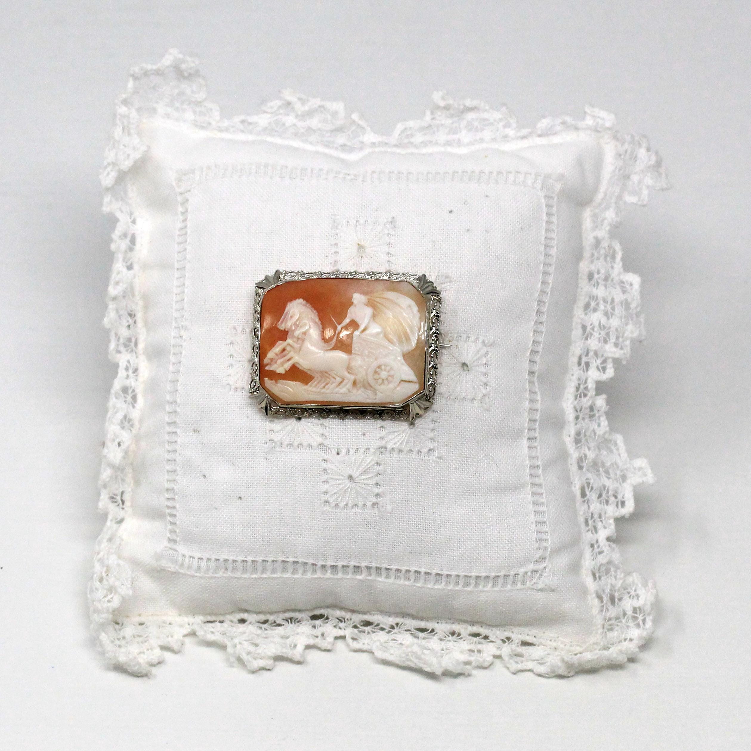 Vintage Cameo Brooch - Art Deco Era 14K White Gold Filigree Carved Shell Landscape Portrait Pin - 1930s Greek Goddess Nike Victory Jewelry