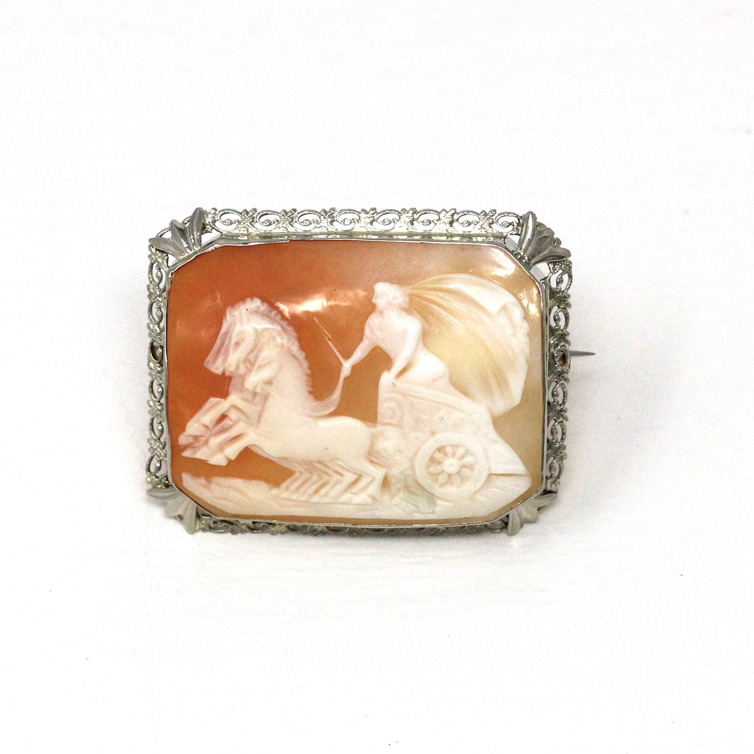 Vintage Cameo Brooch - Art Deco Era 14K White Gold Filigree Carved Shell Landscape Portrait Pin - 1930s Greek Goddess Nike Victory Jewelry