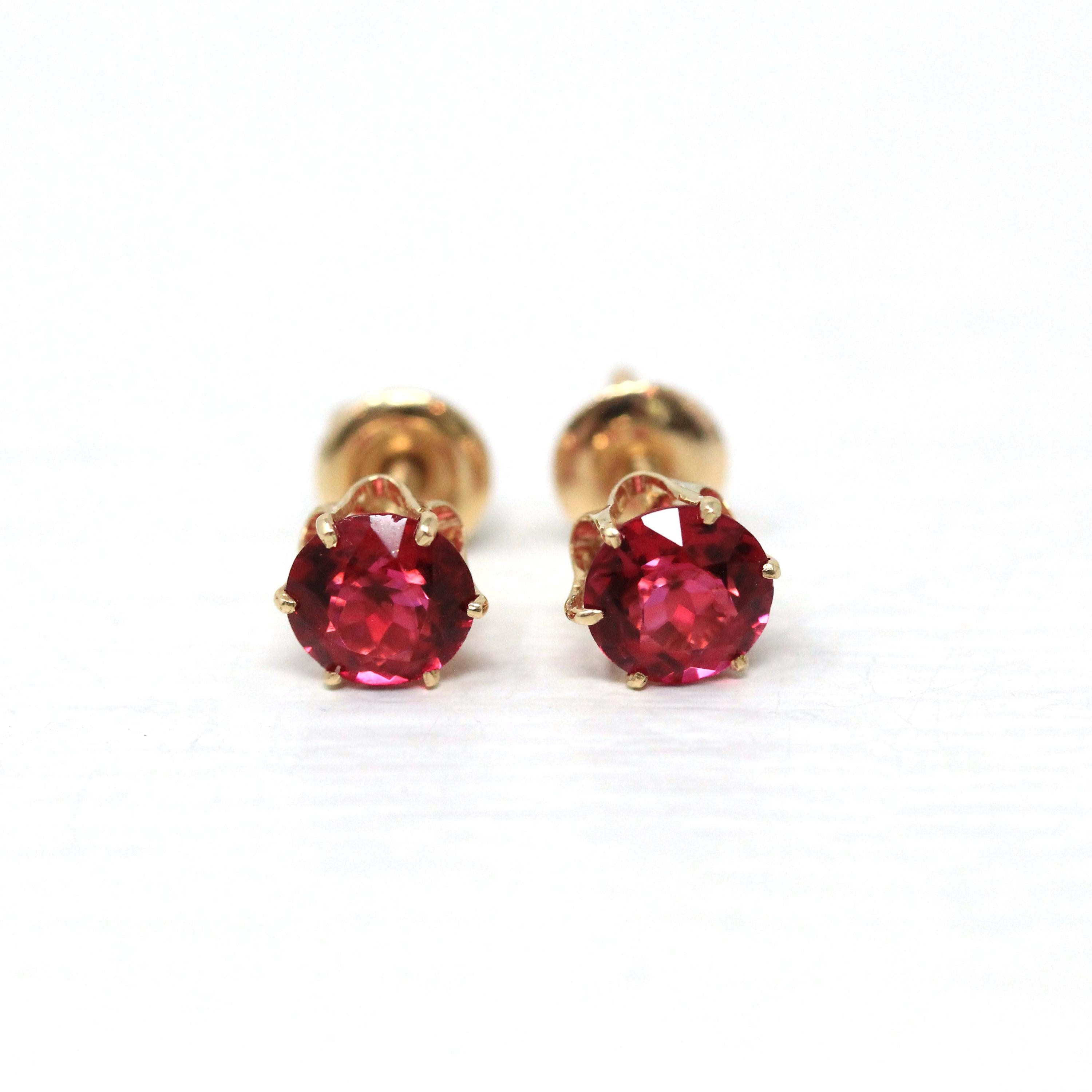 Pink Glass Earrings - Retro 10k Yellow Gold Threaded Push Backs Pair - Vintage Circa 1940s Era Round Faceted Pink Red Stones Fine Jewelry