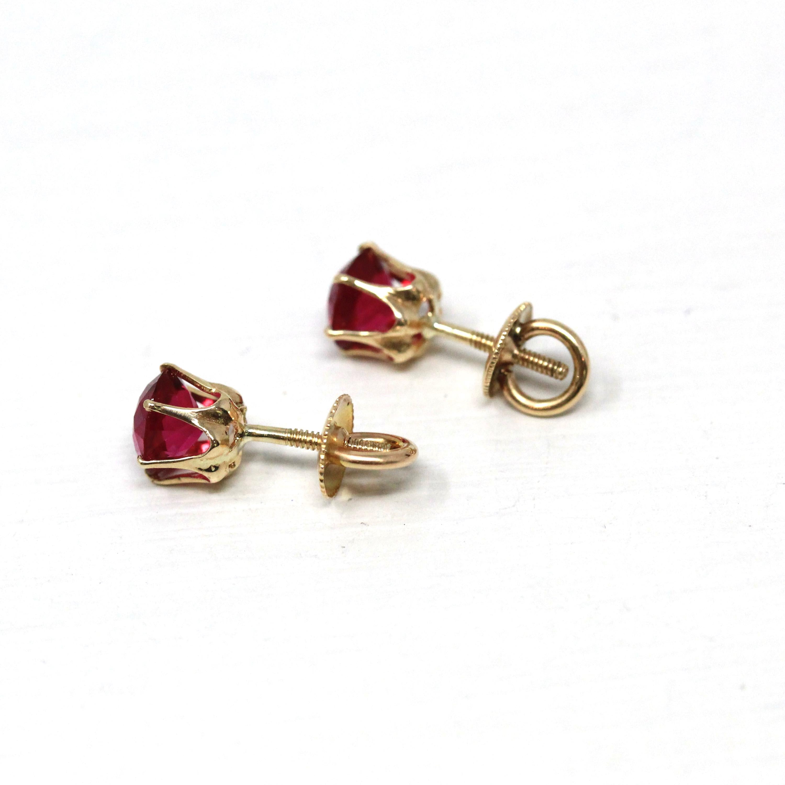 Pink Glass Earrings - Retro 10k Yellow Gold Threaded Push Backs Pair - Vintage Circa 1940s Era Round Faceted Pink Red Stones Fine Jewelry