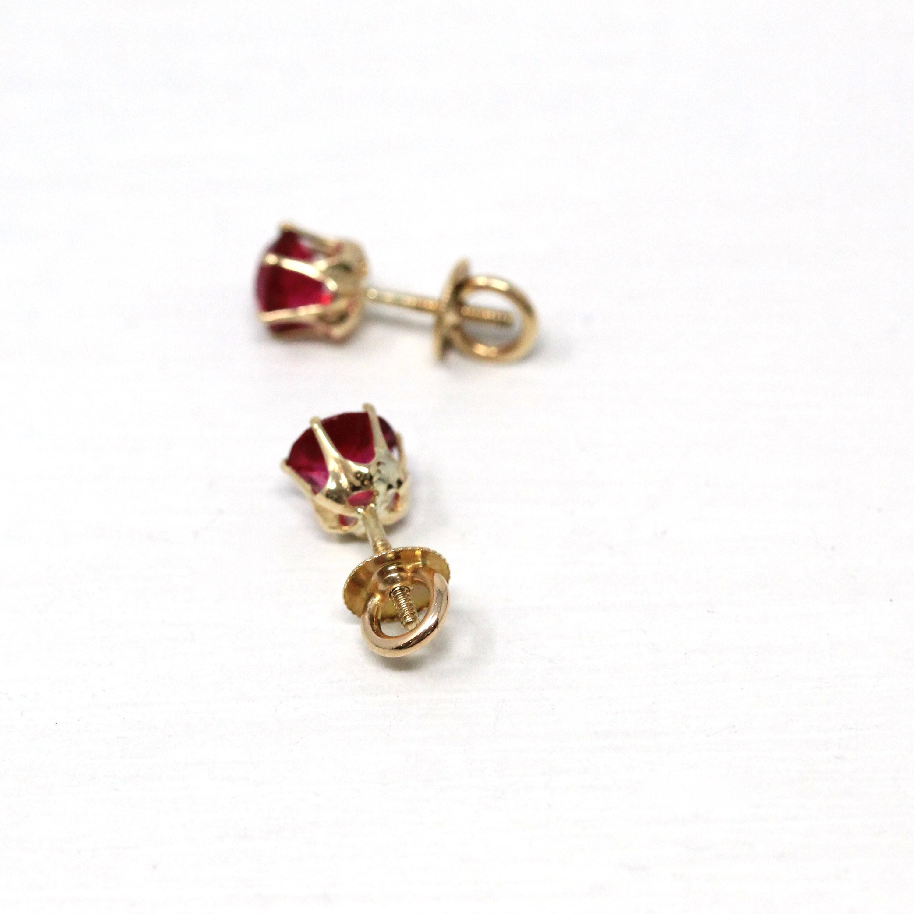 Pink Glass Earrings - Retro 10k Yellow Gold Threaded Push Backs Pair - Vintage Circa 1940s Era Round Faceted Pink Red Stones Fine Jewelry