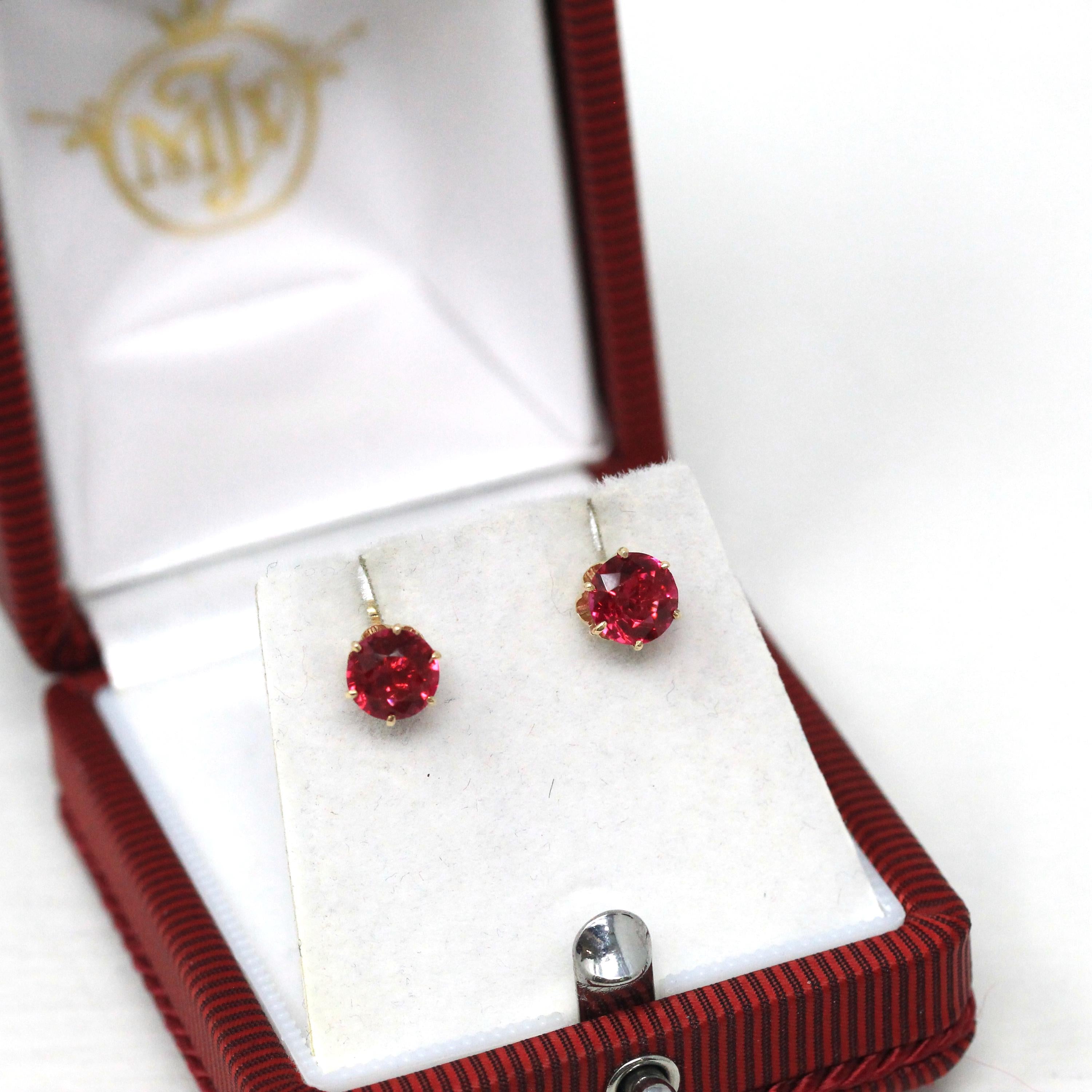Pink Glass Earrings - Retro 10k Yellow Gold Threaded Push Backs Pair - Vintage Circa 1940s Era Round Faceted Pink Red Stones Fine Jewelry