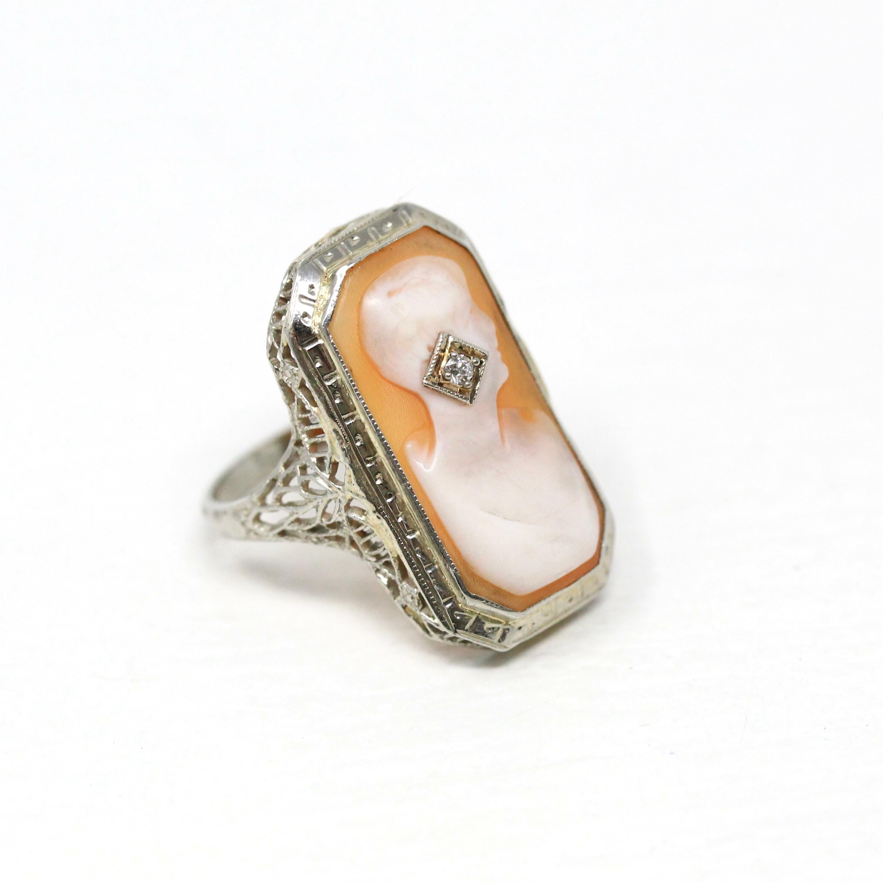 Vintage Cameo Habillé Ring - Art Deco 14k White Gold Genuine Diamond - Antique Circa 1920s Era Size 5 1/2 Filigree Carved Shell Fine Jewelry