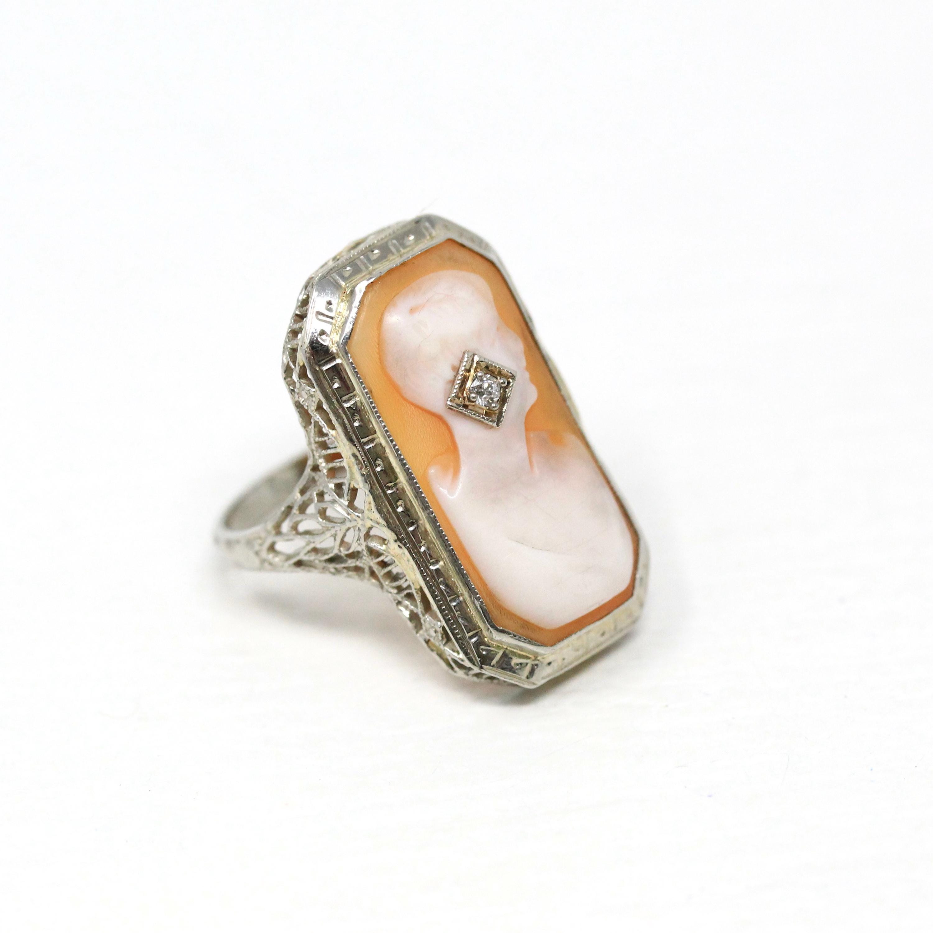 Vintage Cameo Habillé Ring - Art Deco 14k White Gold Genuine Diamond - Antique Circa 1920s Era Size 5 1/2 Filigree Carved Shell Fine Jewelry