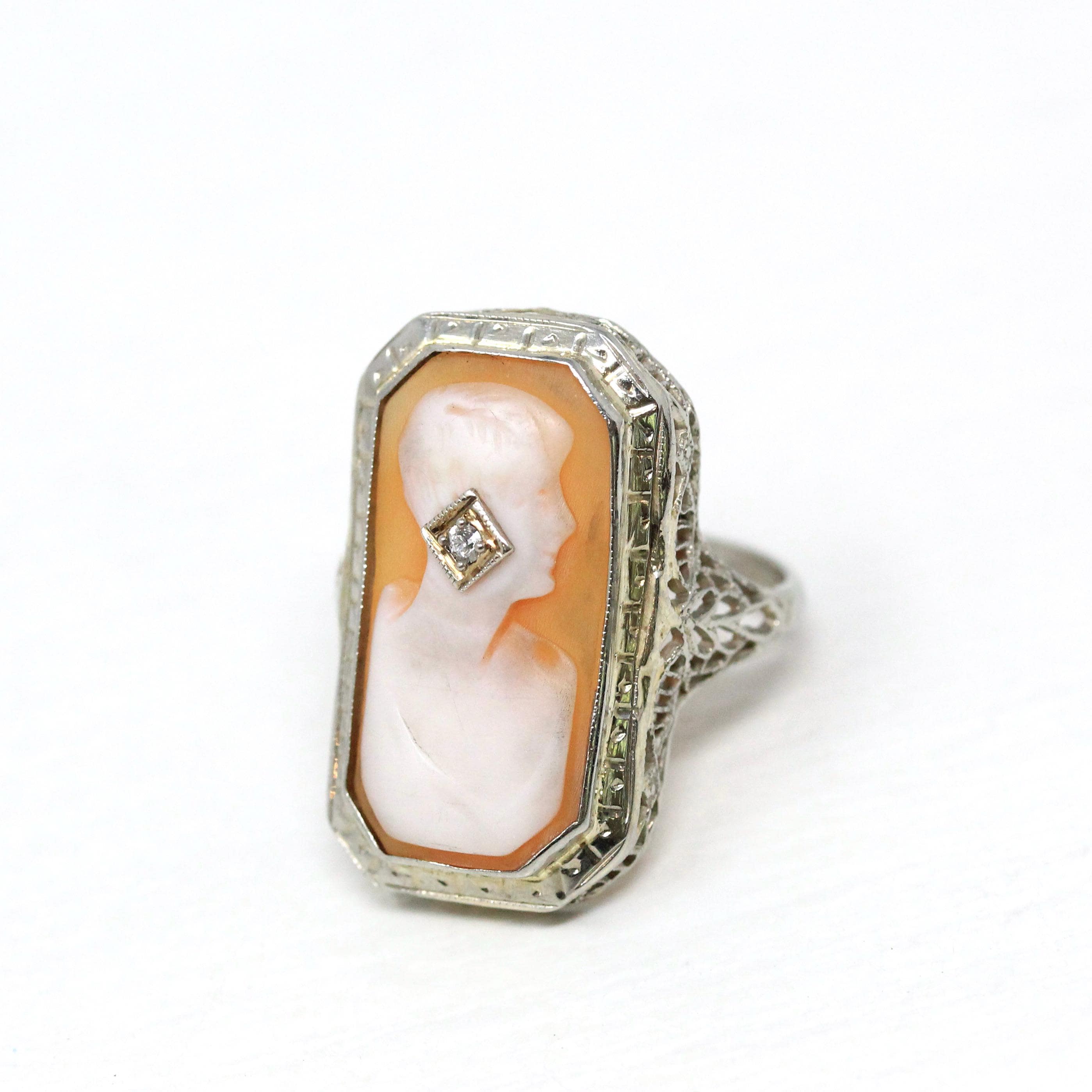 Vintage Cameo Habillé Ring - Art Deco 14k White Gold Genuine Diamond - Antique Circa 1920s Era Size 5 1/2 Filigree Carved Shell Fine Jewelry