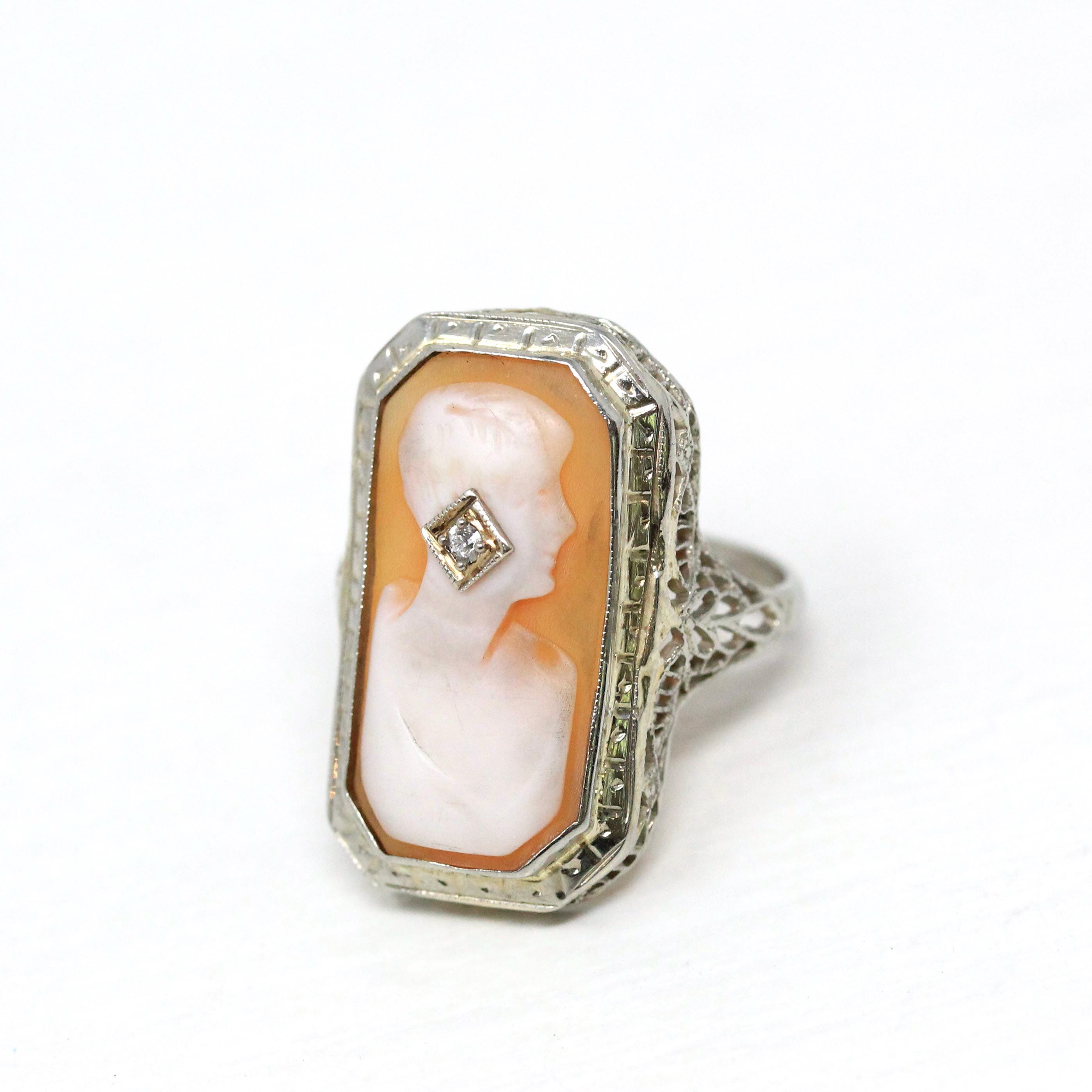 Vintage Cameo Habillé Ring - Art Deco 14k White Gold Genuine Diamond - Antique Circa 1920s Era Size 5 1/2 Filigree Carved Shell Fine Jewelry