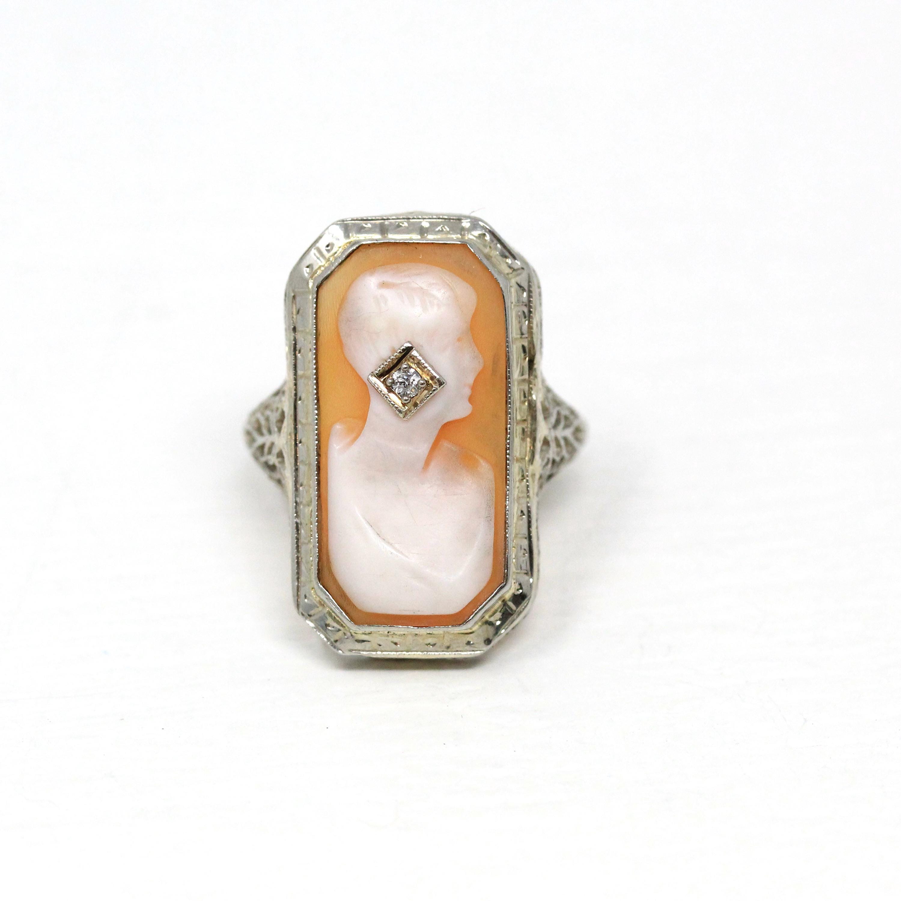 Vintage Cameo Habillé Ring - Art Deco 14k White Gold Genuine Diamond - Antique Circa 1920s Era Size 5 1/2 Filigree Carved Shell Fine Jewelry