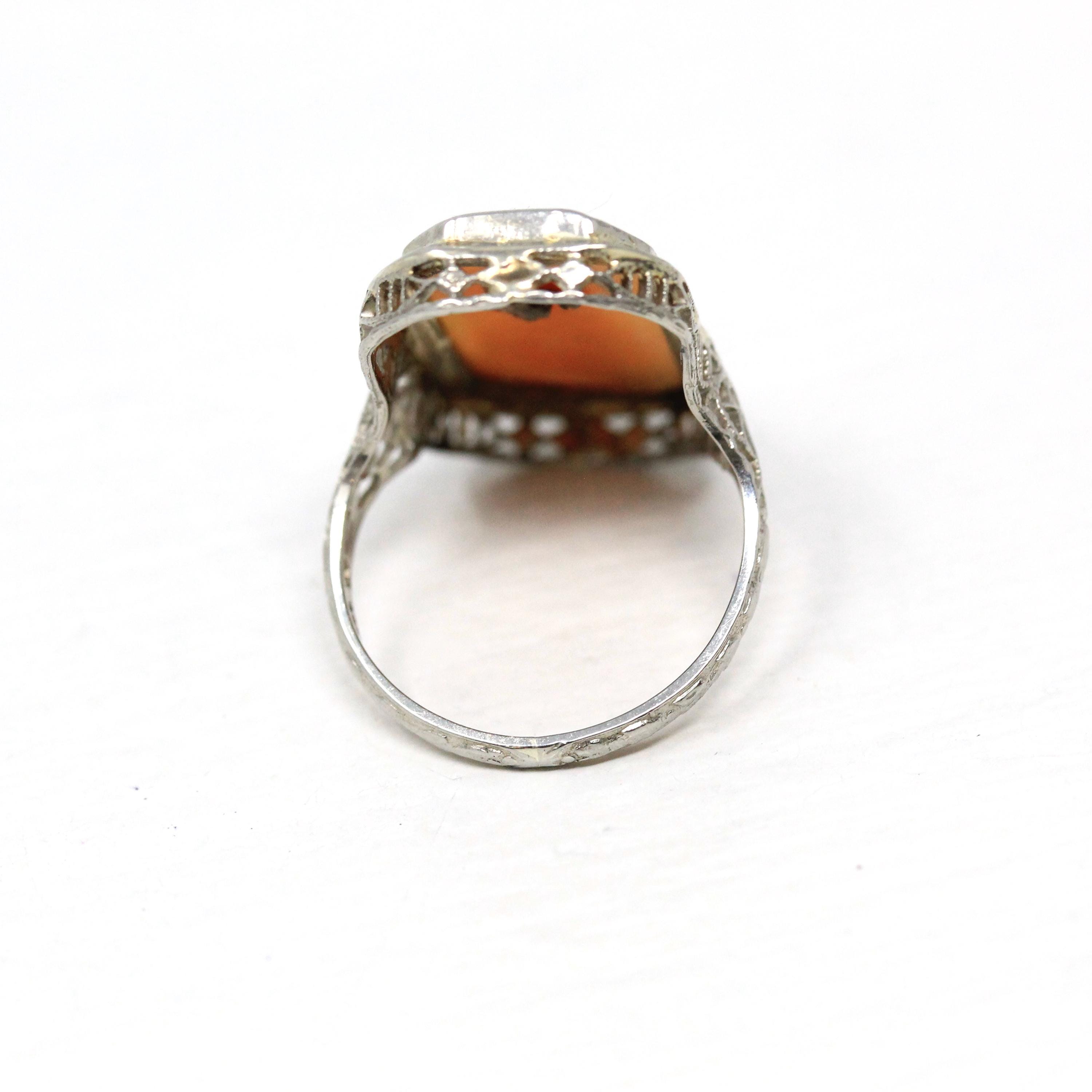 Vintage Cameo Habillé Ring - Art Deco 14k White Gold Genuine Diamond - Antique Circa 1920s Era Size 5 1/2 Filigree Carved Shell Fine Jewelry