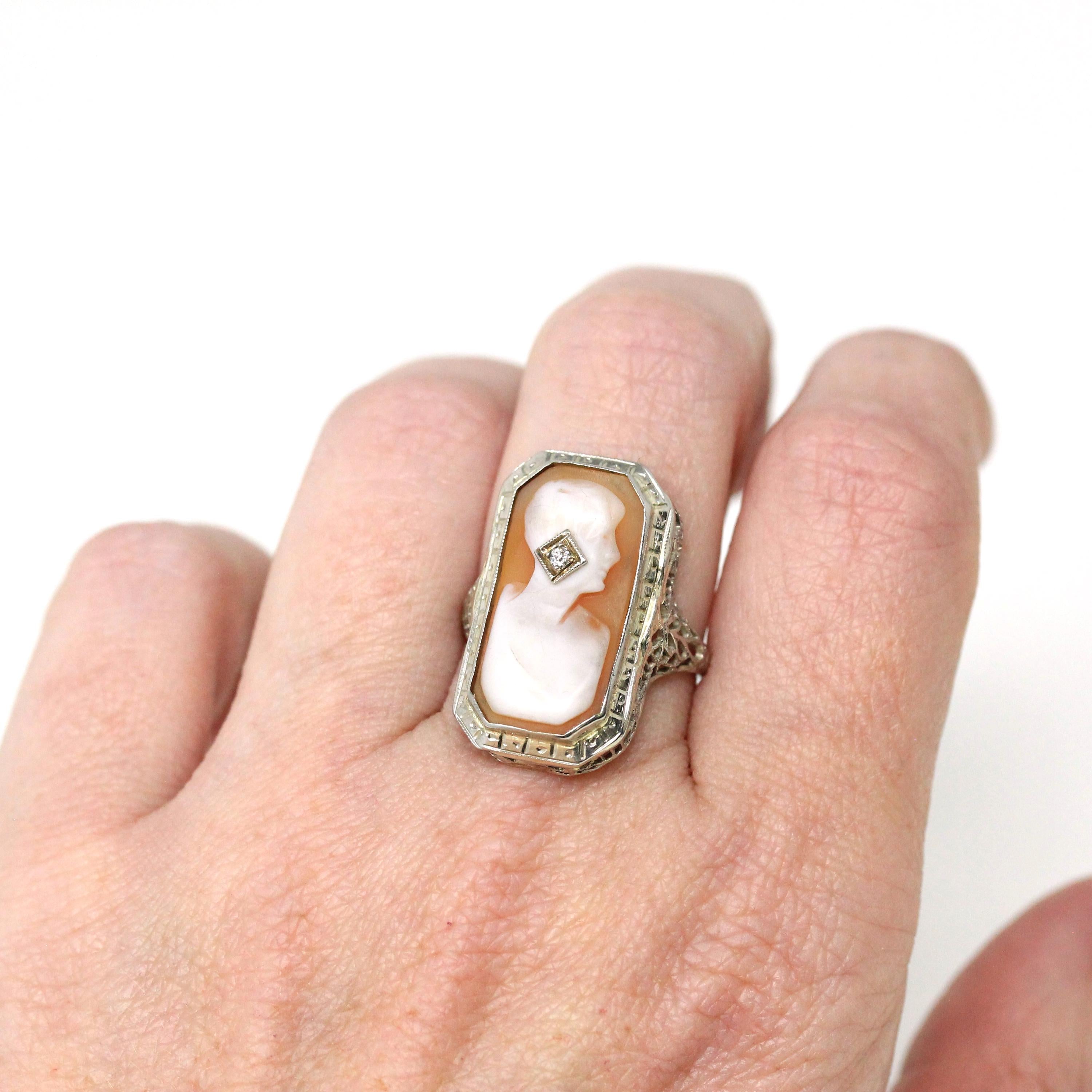 Vintage Cameo Habillé Ring - Art Deco 14k White Gold Genuine Diamond - Antique Circa 1920s Era Size 5 1/2 Filigree Carved Shell Fine Jewelry