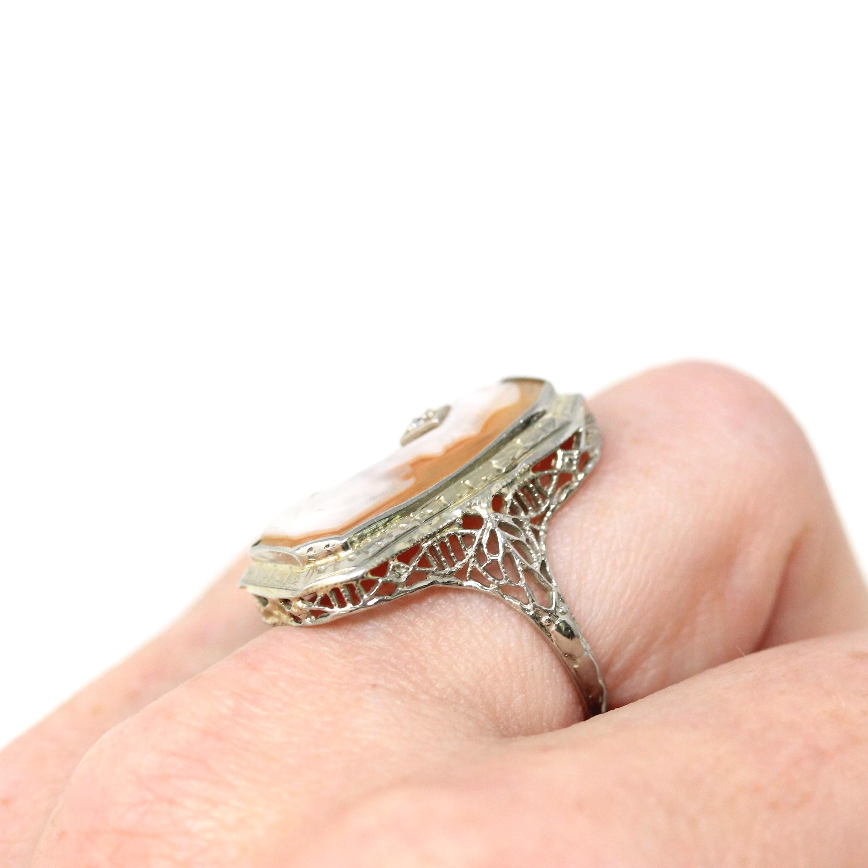 Vintage Cameo Habillé Ring - Art Deco 14k White Gold Genuine Diamond - Antique Circa 1920s Era Size 5 1/2 Filigree Carved Shell Fine Jewelry