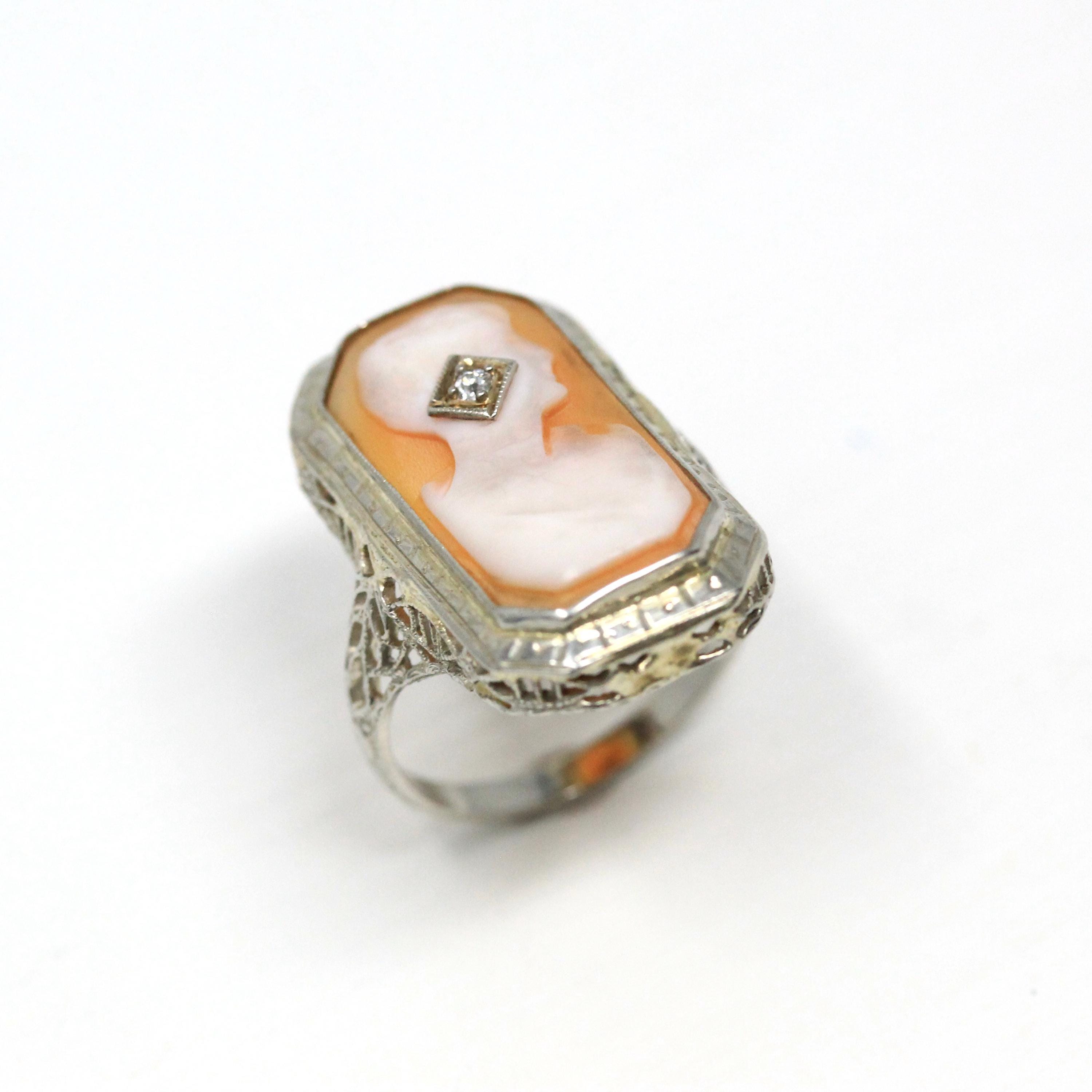 Vintage Cameo Habillé Ring - Art Deco 14k White Gold Genuine Diamond - Antique Circa 1920s Size 5 1/2 Filigree Carved Shell Fine Jewelry
