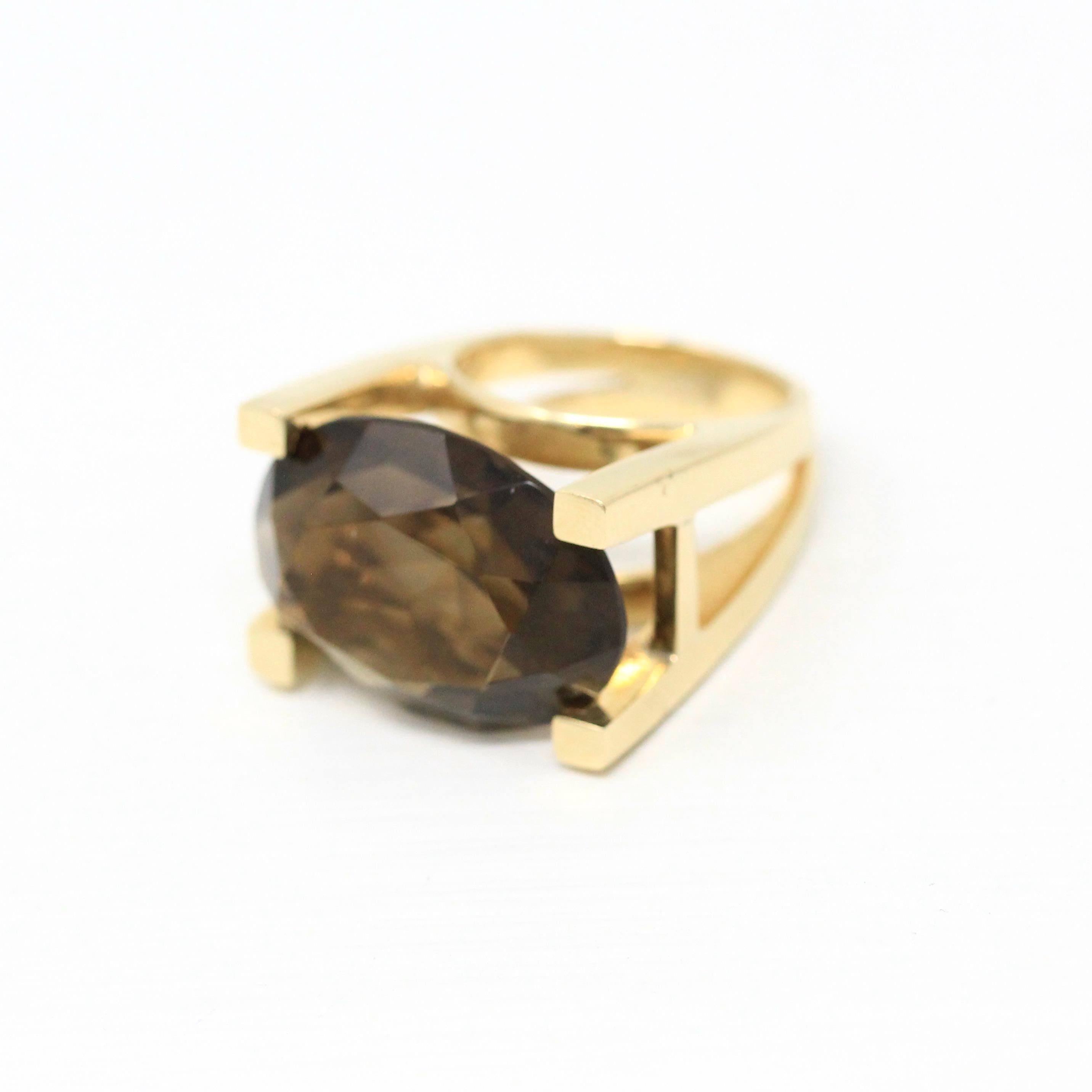 Smoky Quartz Ring - Retro 14k Yellow Gold Oval East West Genuine Brown Gemstone - Vintage Circa 1960s Size 5 Split Statement Fine Jewelry