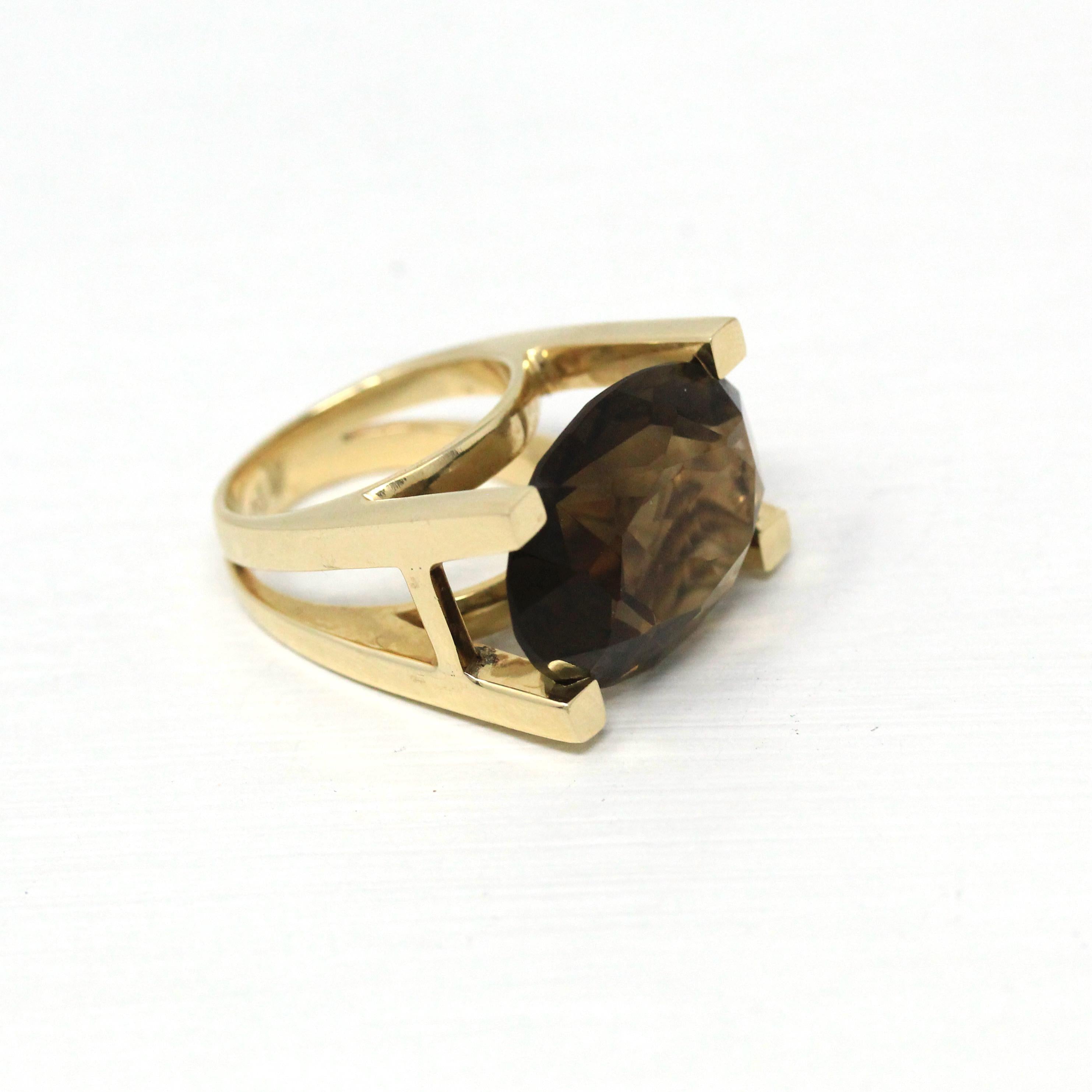 Smoky Quartz Ring - Retro 14k Yellow Gold Oval East West Genuine Brown Gemstone - Vintage Circa 1960s Size 5 Split Statement Fine Jewelry