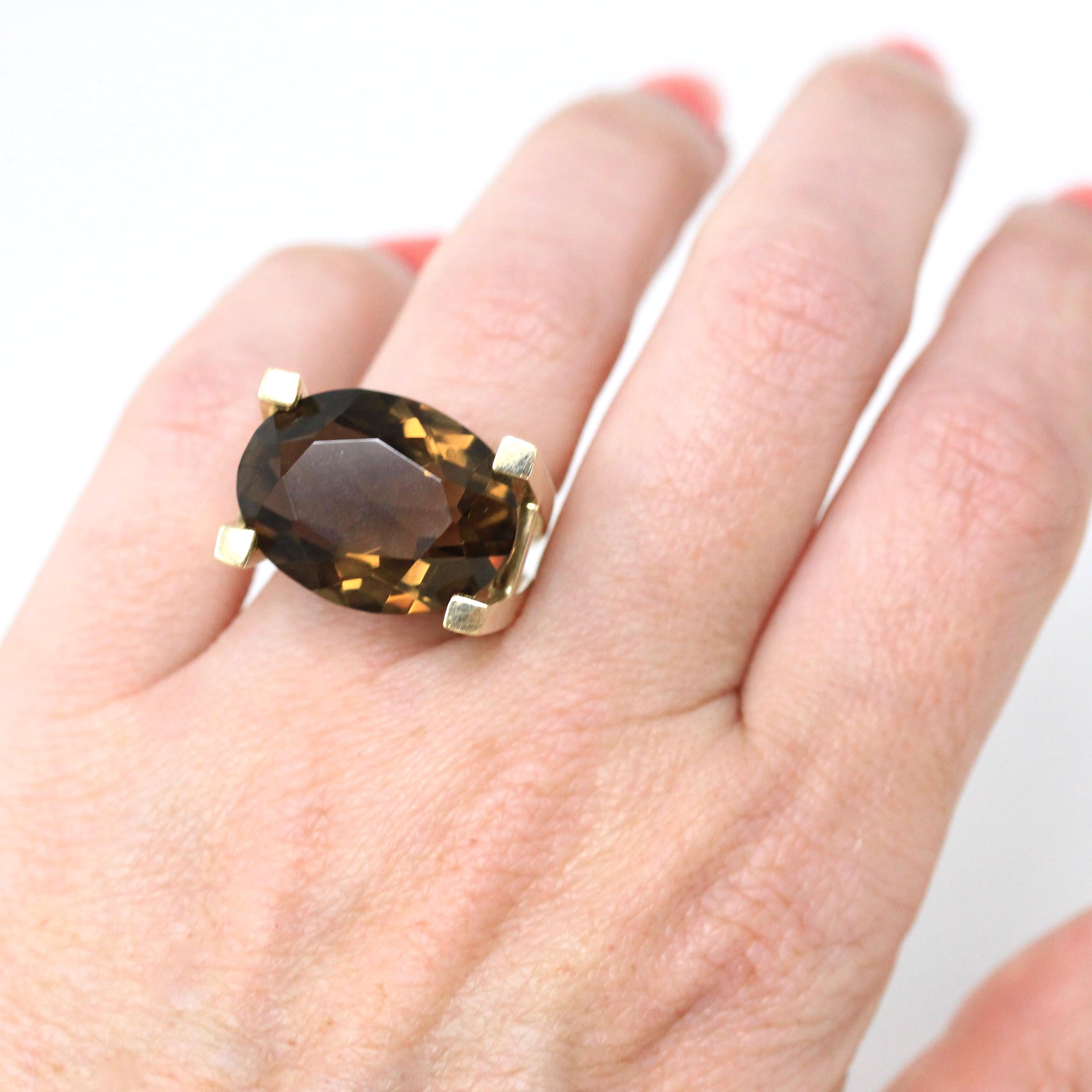 Smoky Quartz Ring - Retro 14k Yellow Gold Oval East West Genuine Brown Gemstone - Vintage Circa 1960s Size 5 Split Statement Fine Jewelry