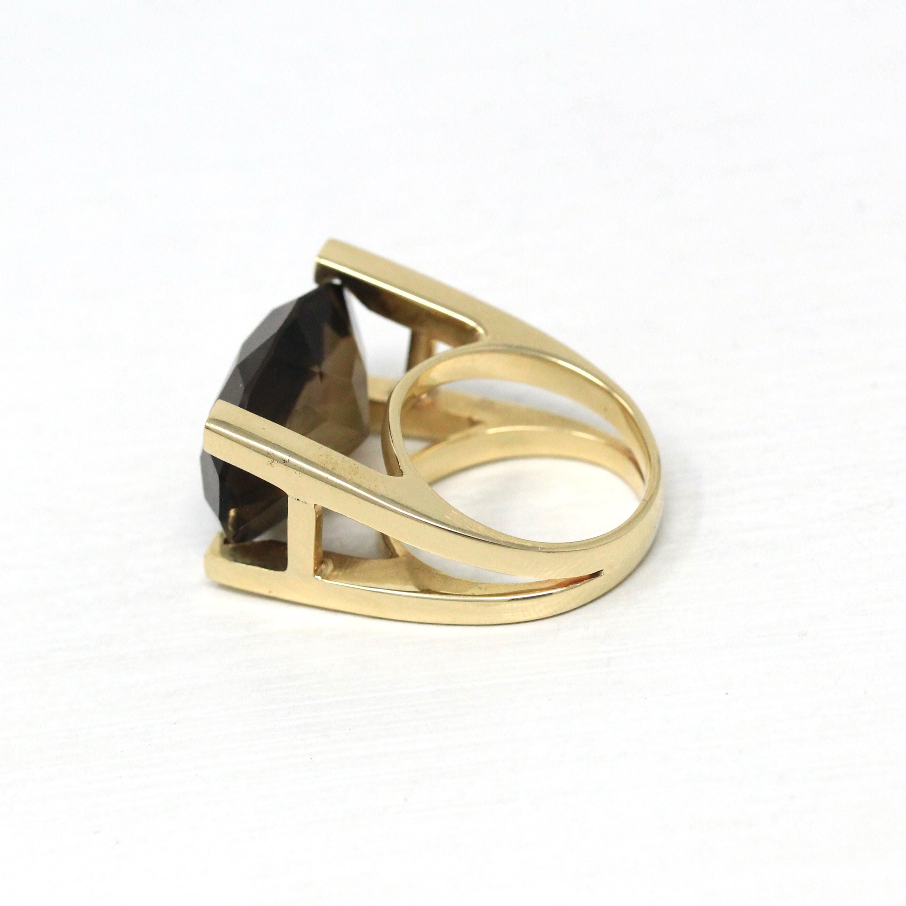 Smoky Quartz Ring - Retro 14k Yellow Gold Oval East West Genuine Brown Gemstone - Vintage Circa 1960s Size 5 Split Statement Fine Jewelry