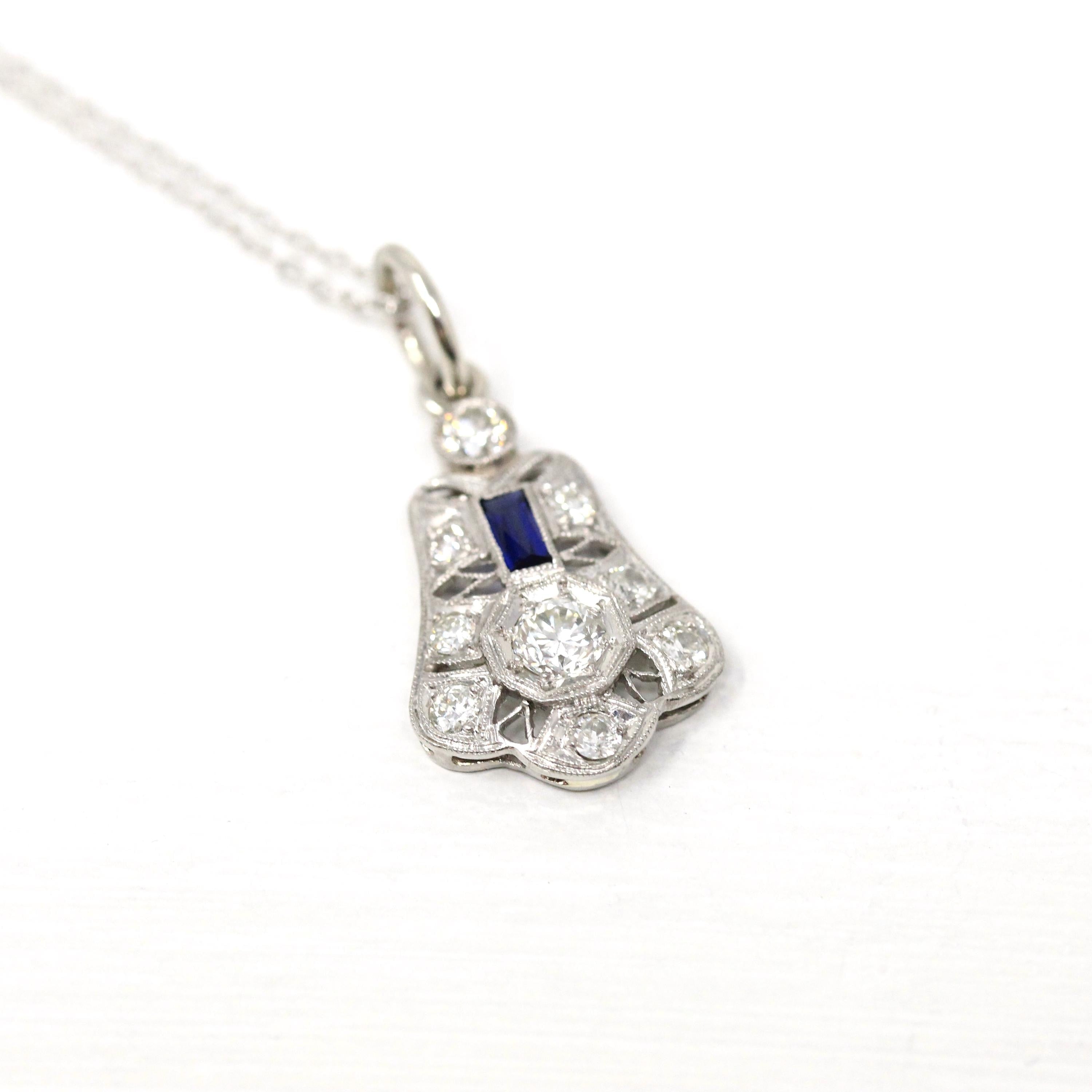 Art Deco Diamond Necklace - Antique 14k White Gold Genuine Gem Created Sapphire Pendant - Vintage 1920s Era Filigree Conversion Fine Jewelry