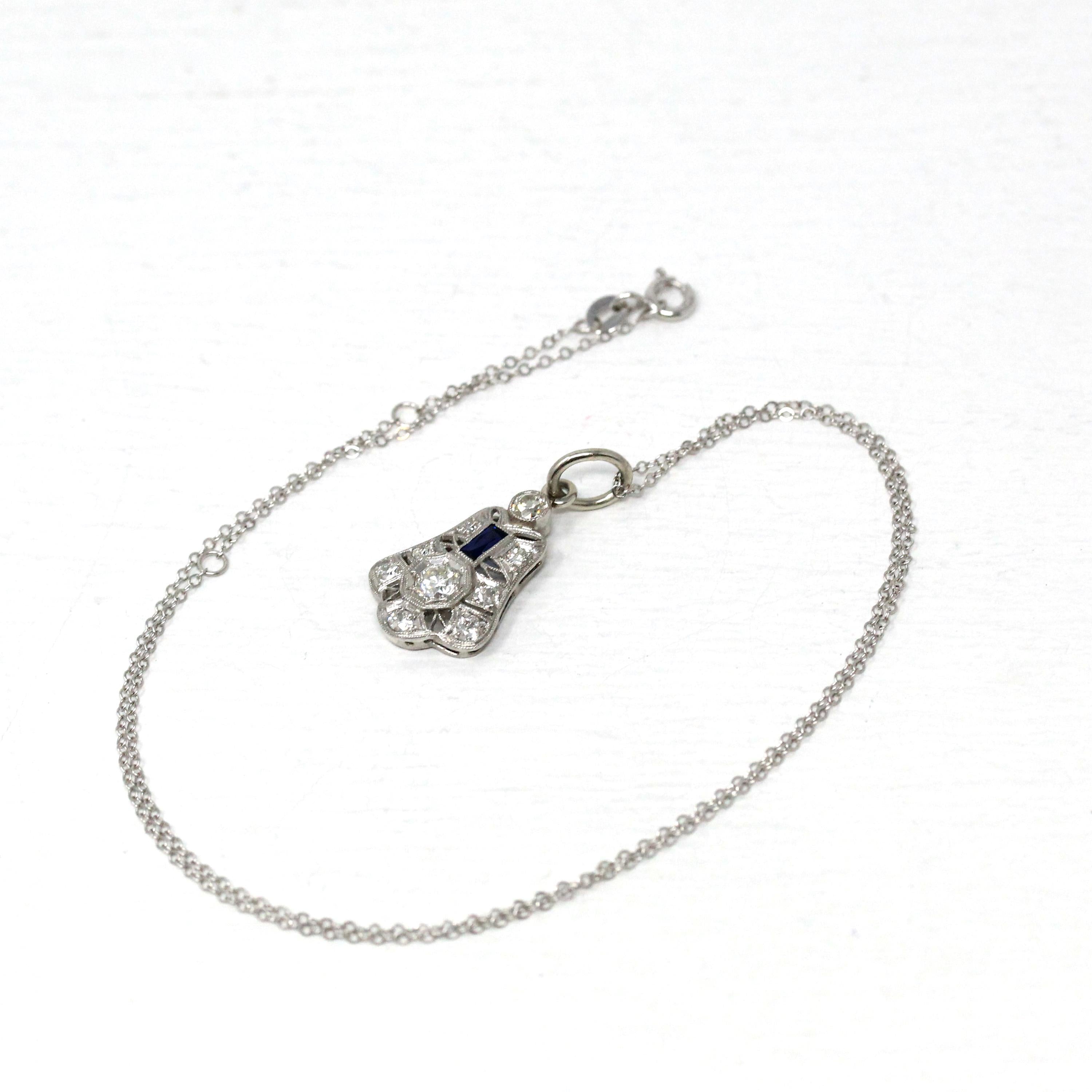 Art Deco Diamond Necklace - Antique 14k White Gold Genuine Gem Created Sapphire Pendant - Vintage 1920s Era Filigree Conversion Fine Jewelry